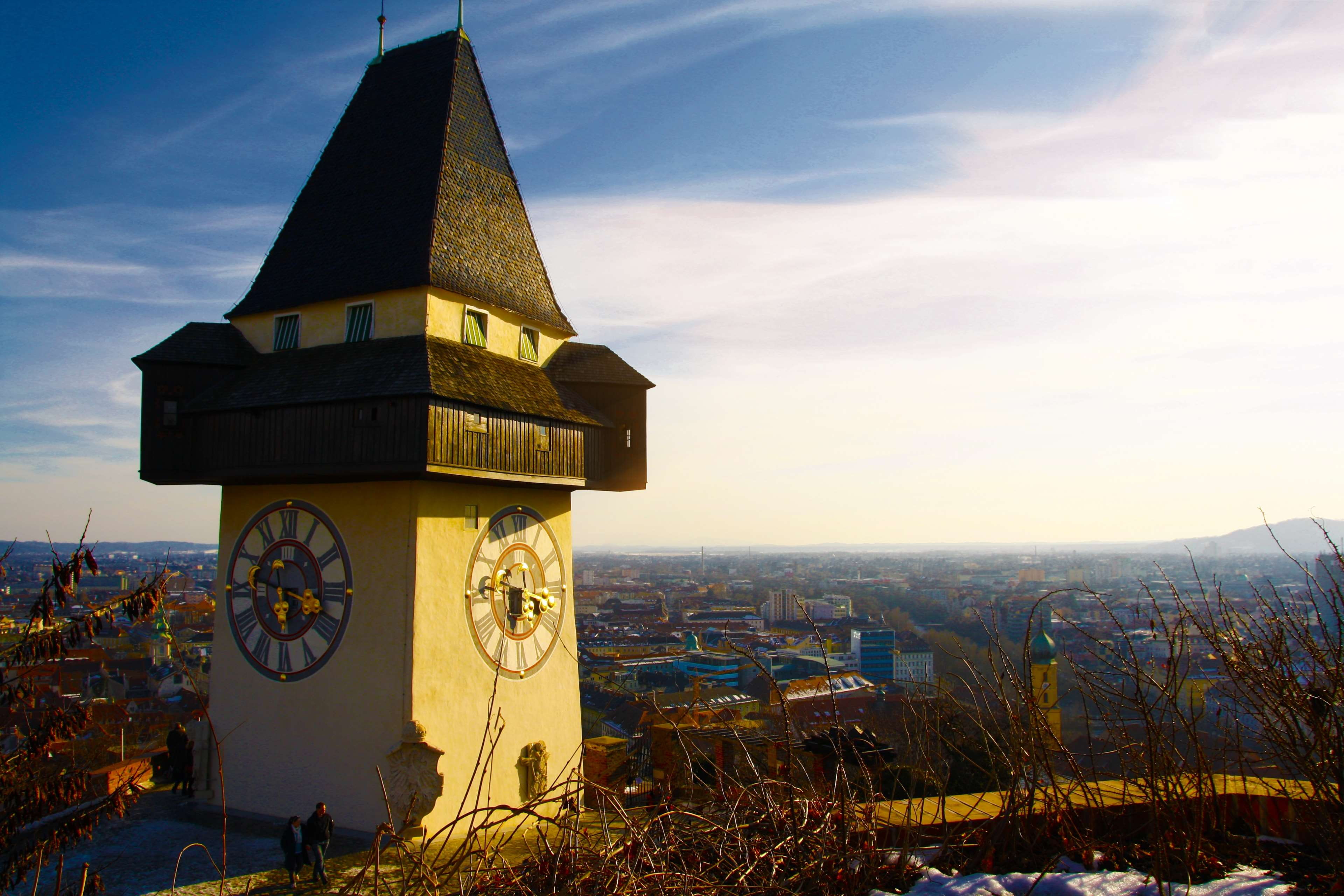 architecture, clock tower, built structure, landmark, place of worship, belief, nature, building exterior, building, outdoors, schlossberg, sky, sun, austria, HD Wallpaper