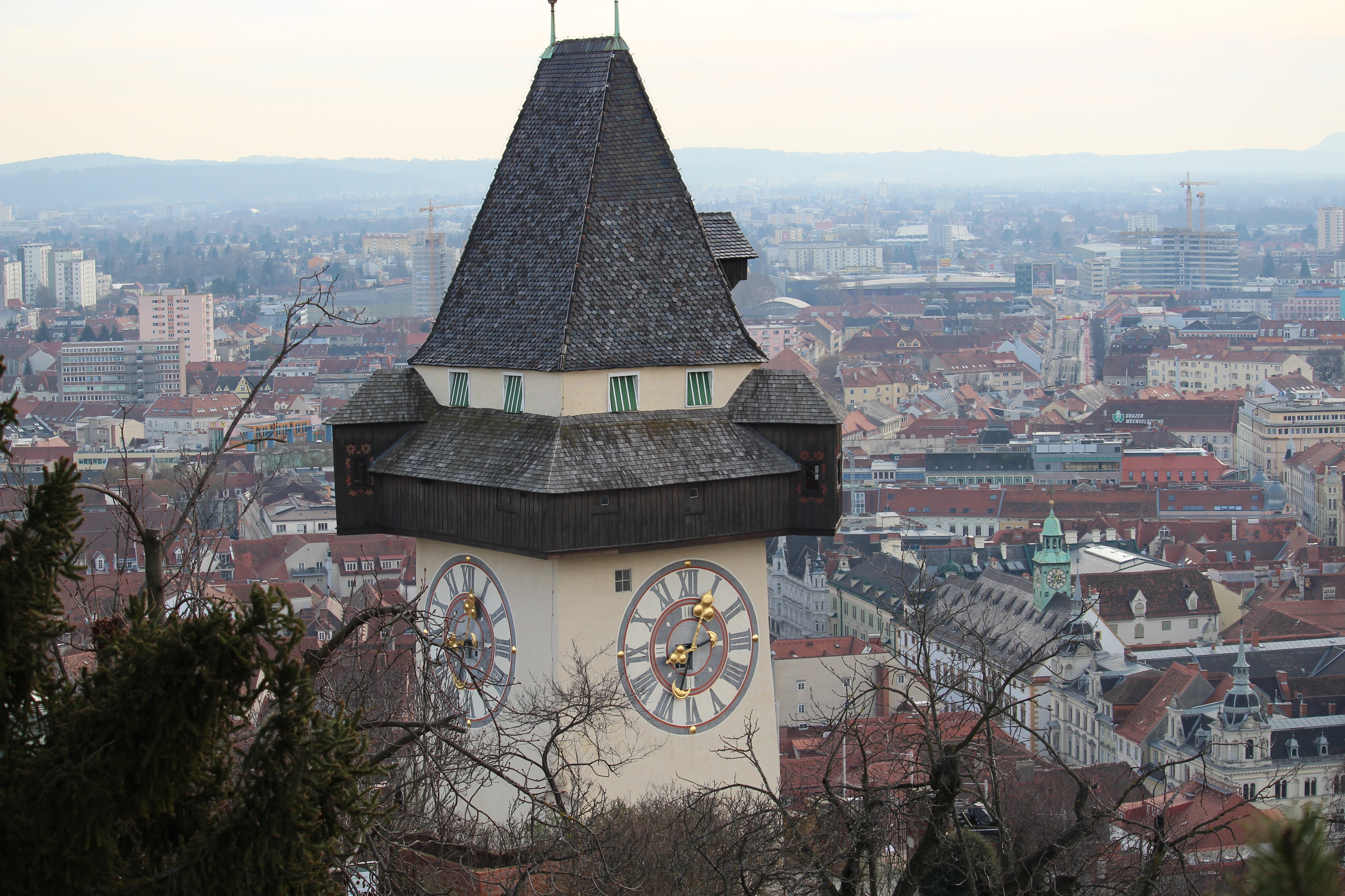 city, building exterior, place of worship, religion, tree, nature, graz, styria, landmark, built structure, sky, tower, skyscraper, day, black, residential district, HD Wallpaper