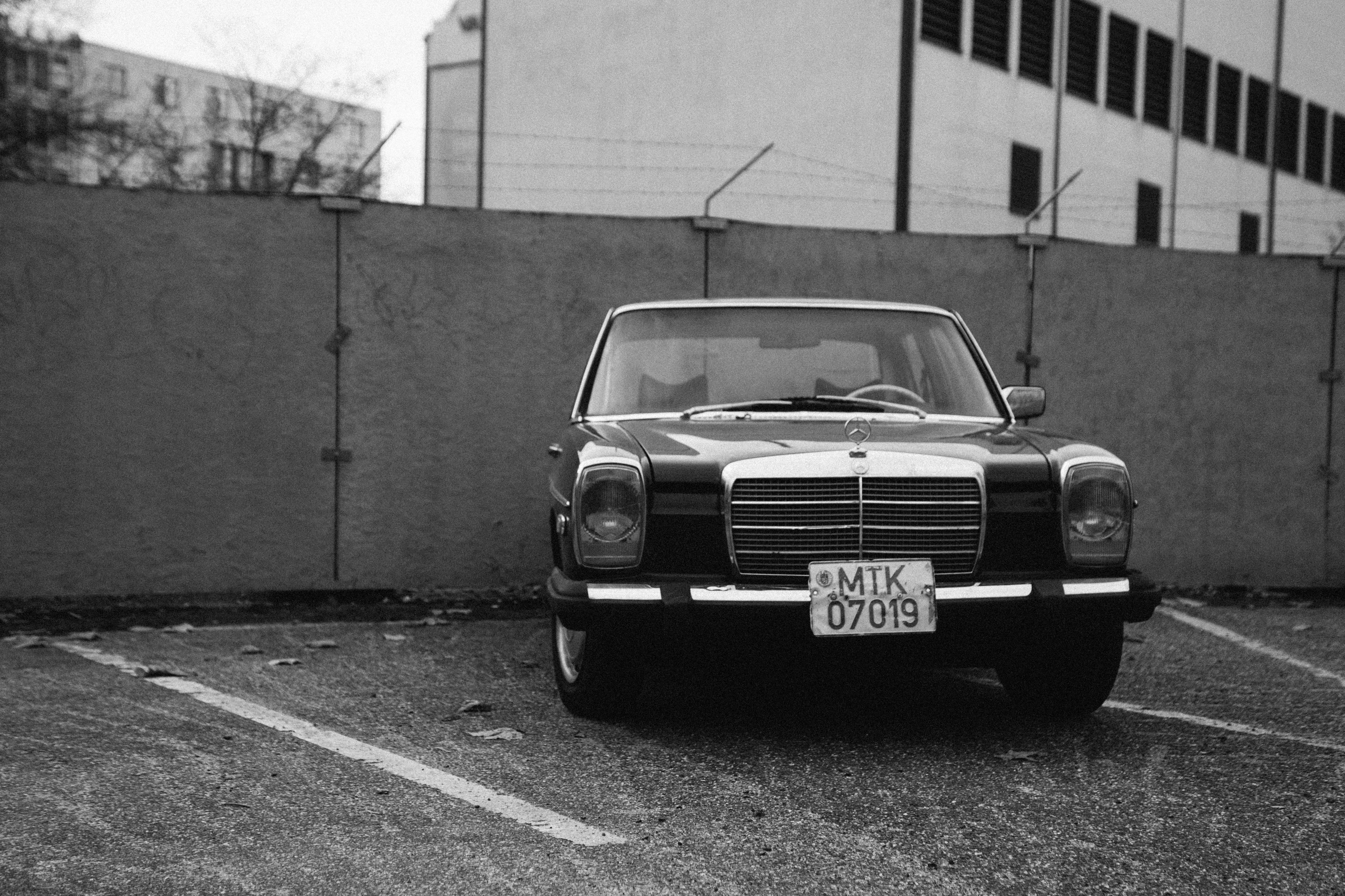 grayscale, motor vehicle, germany, stationary, vintage car, mercedes, no people, wall, day, border, building, fence, concrete, retro styled, built structure, HD Wallpaper