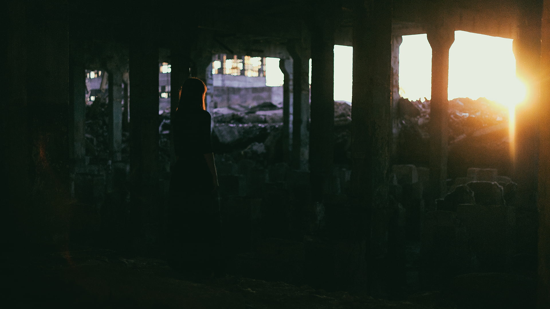 lens flare, architecture, day, one person, sunlight, ruins, leisure activity, building, lifestyles, standing, nature, urban, indoors, old building, built structure, HD Wallpaper
