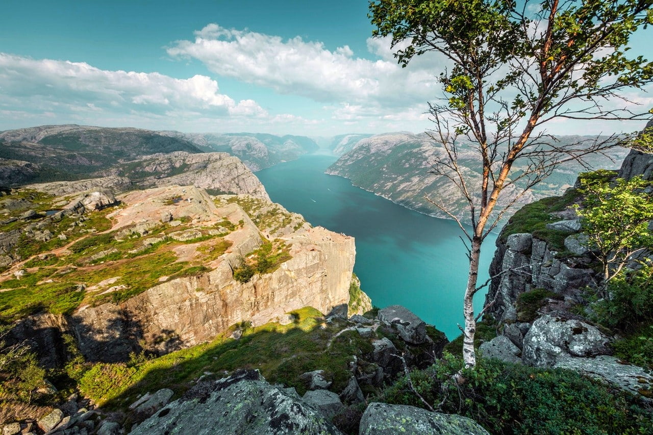 summer, Norway, mountains, canyon, rock, landscape, 720P, cliff, clouds, fjord, sea, trees, nature, Preikestolen, HD Wallpaper