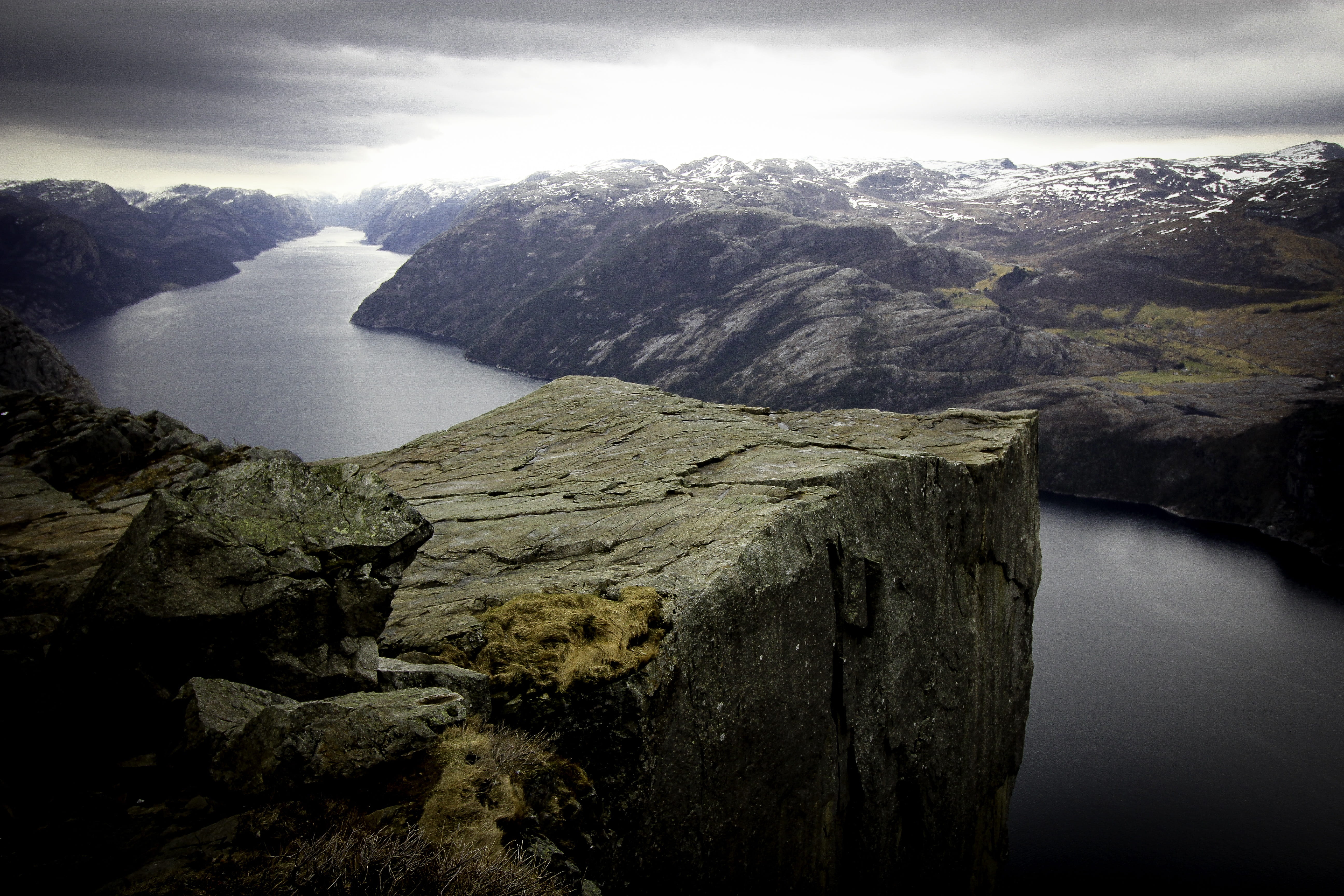 day, idyllic, environment, photo, snow, mountain, daytime, preikestolen, mountain range, non-urban scene, river, formation, sky, solid, rock, cloud - sky, HD Wallpaper