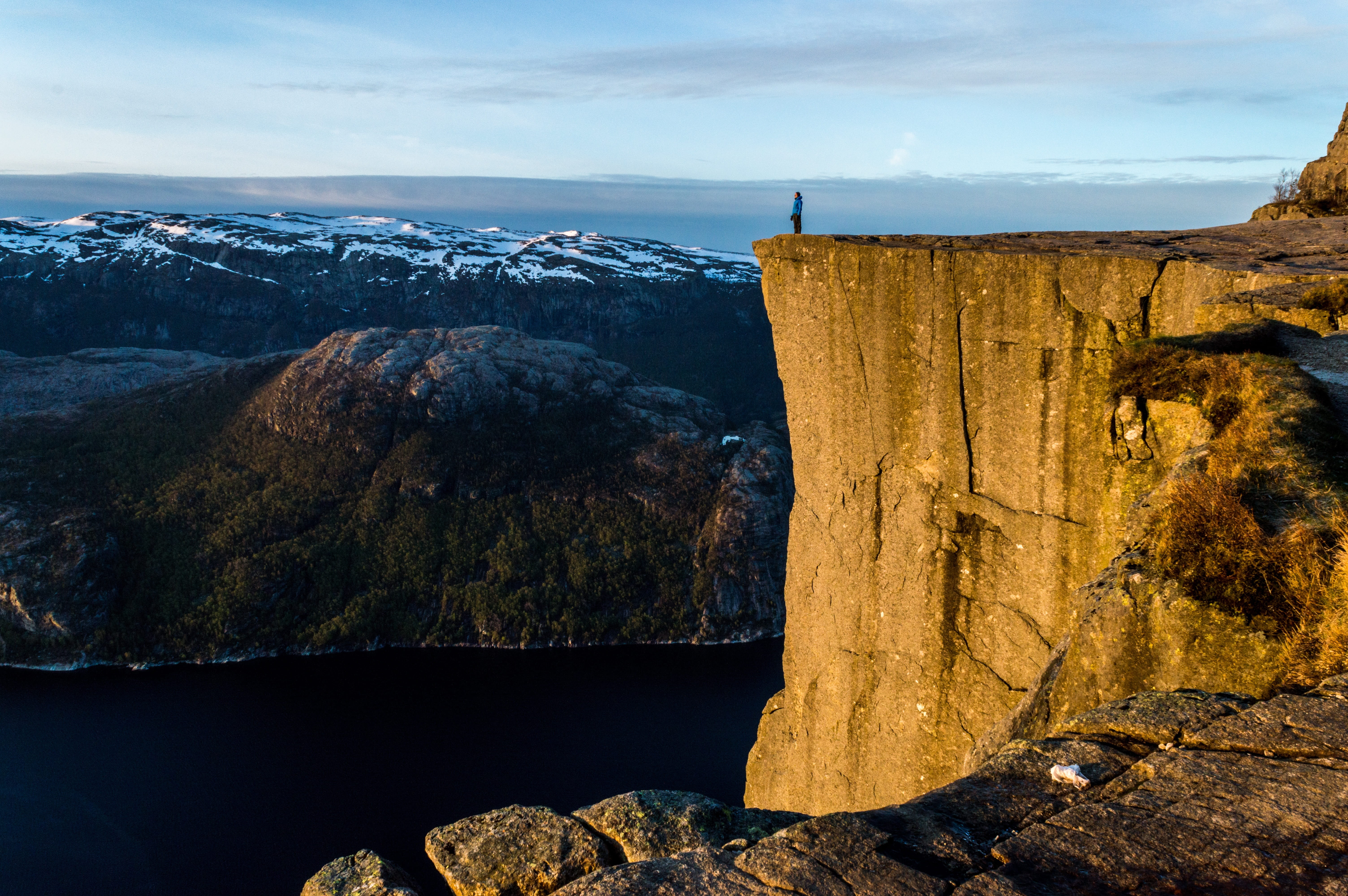 tourist, norway, mountain, plateau, view, hiking, extreme, 5K, preikestolen, cloud - sky, pulpit, fjord, scenics - nature, scandinavia, non-urban scene, HD Wallpaper