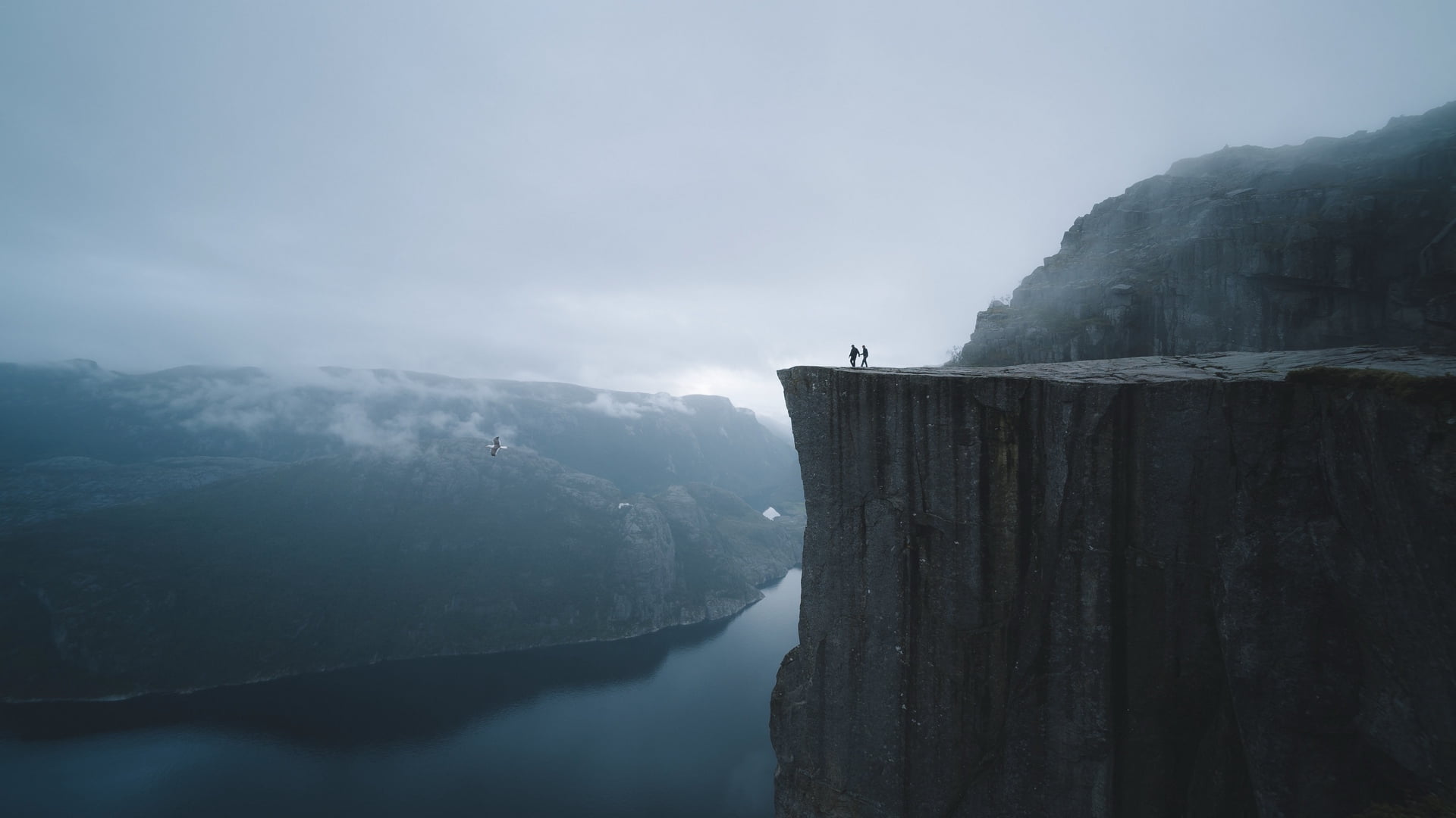 mist, rock, cliff, people, mountains, Norway, landscape, snow, Preikestolen, 1080P, HD Wallpaper