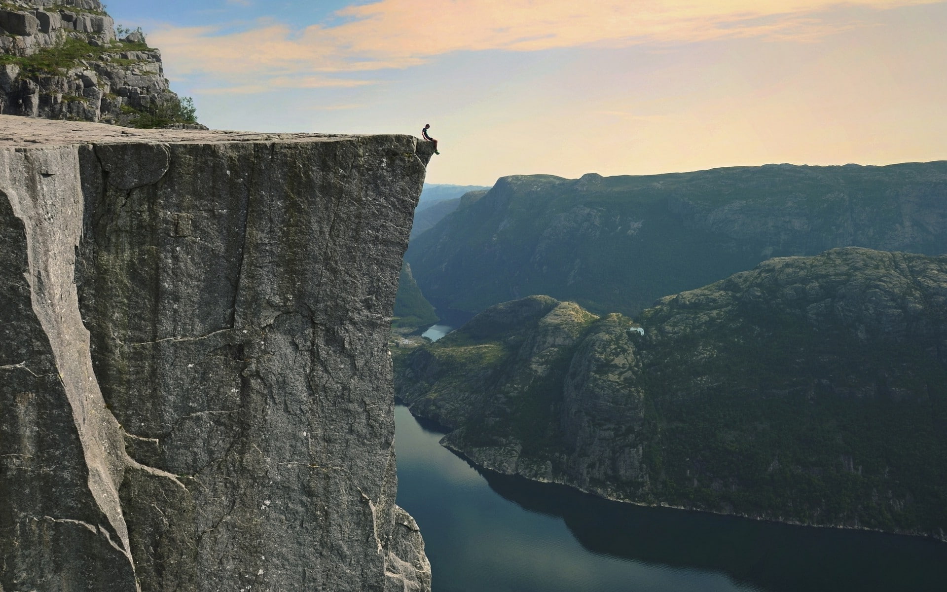 nature landscape preikestolen norway fjord cliff sitting danger mountain water summer, 1080P, HD Wallpaper