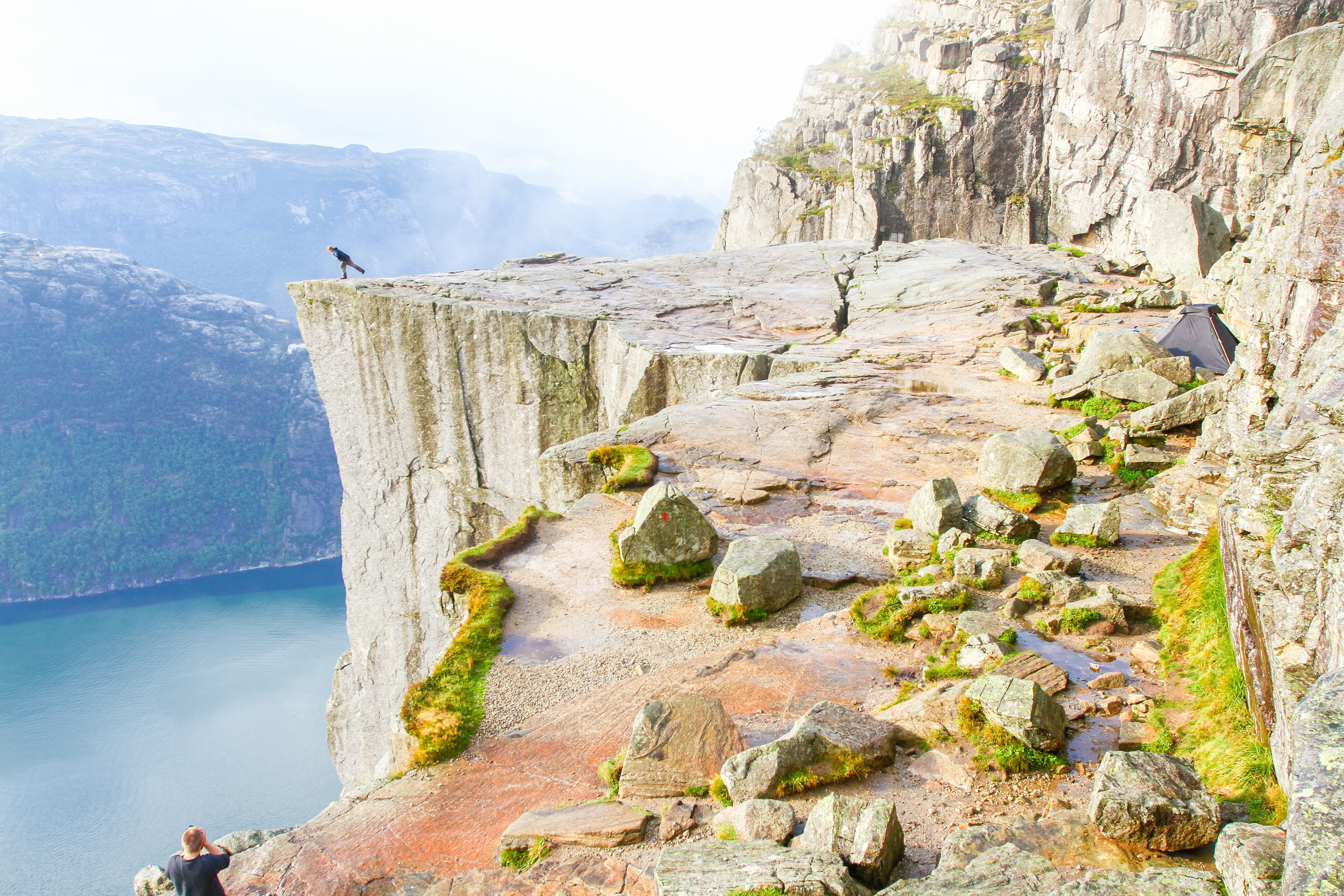 preikestolen, non-urban scene, rock formation, sea, tranquil scene, mountain, rock, nature, adventure, idyllic, solid, land, dom, deep, fog, water, formation, HD Wallpaper
