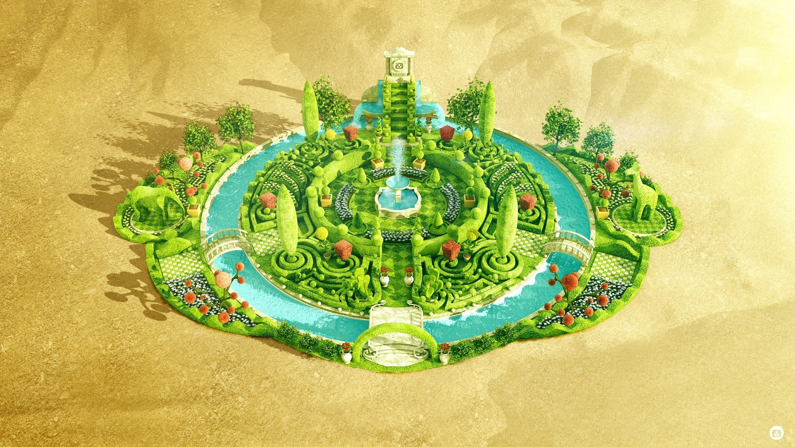 bridge, decoration, digital art, toy, shadow, park, human representation, grass, indoors, island, day, oases, nature, garden, table, wall - building feature, HD Wallpaper