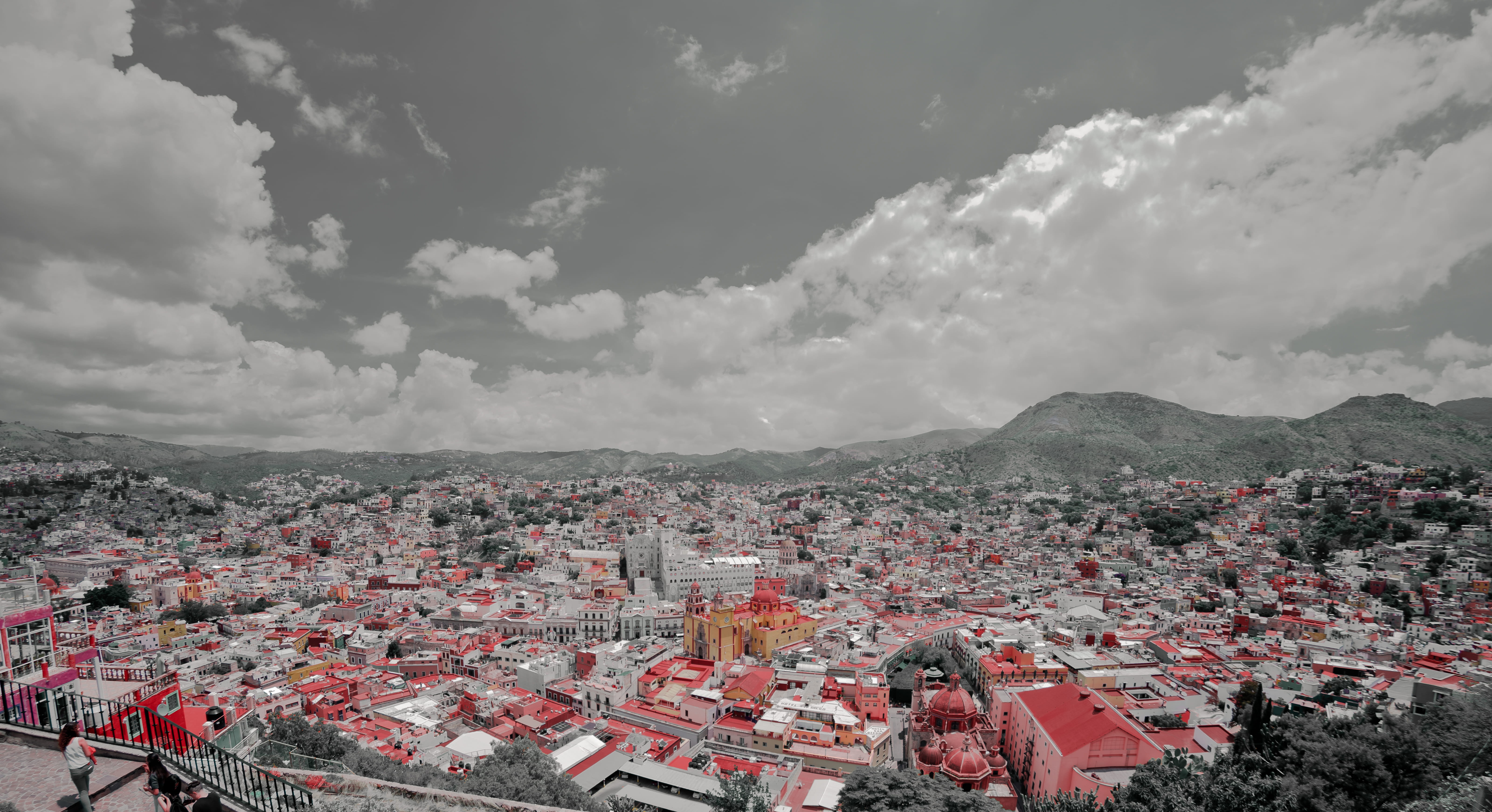 gray, town, built structure, cityscape, house, day, outdoors, high angle view, arquitectura, skyscape, sky, clouds, 5K, guanajuato, mountain, nubes, architecture, HD Wallpaper
