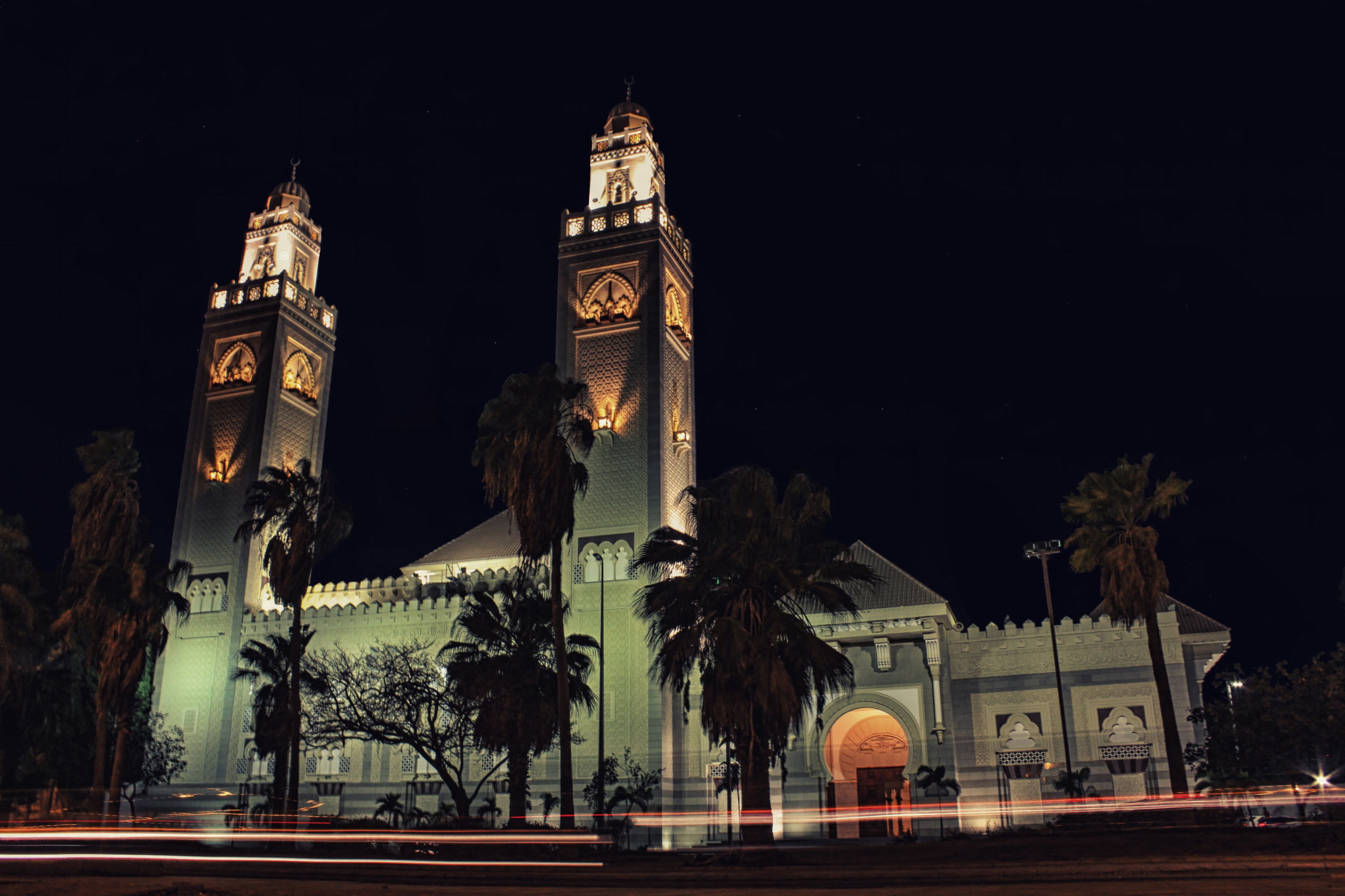 tower, tourism, travel, street, no people, travel destinations, sky, night, 2K, nature, architecture, clock, Islamic architecture, clock tower, built structure, HD Wallpaper