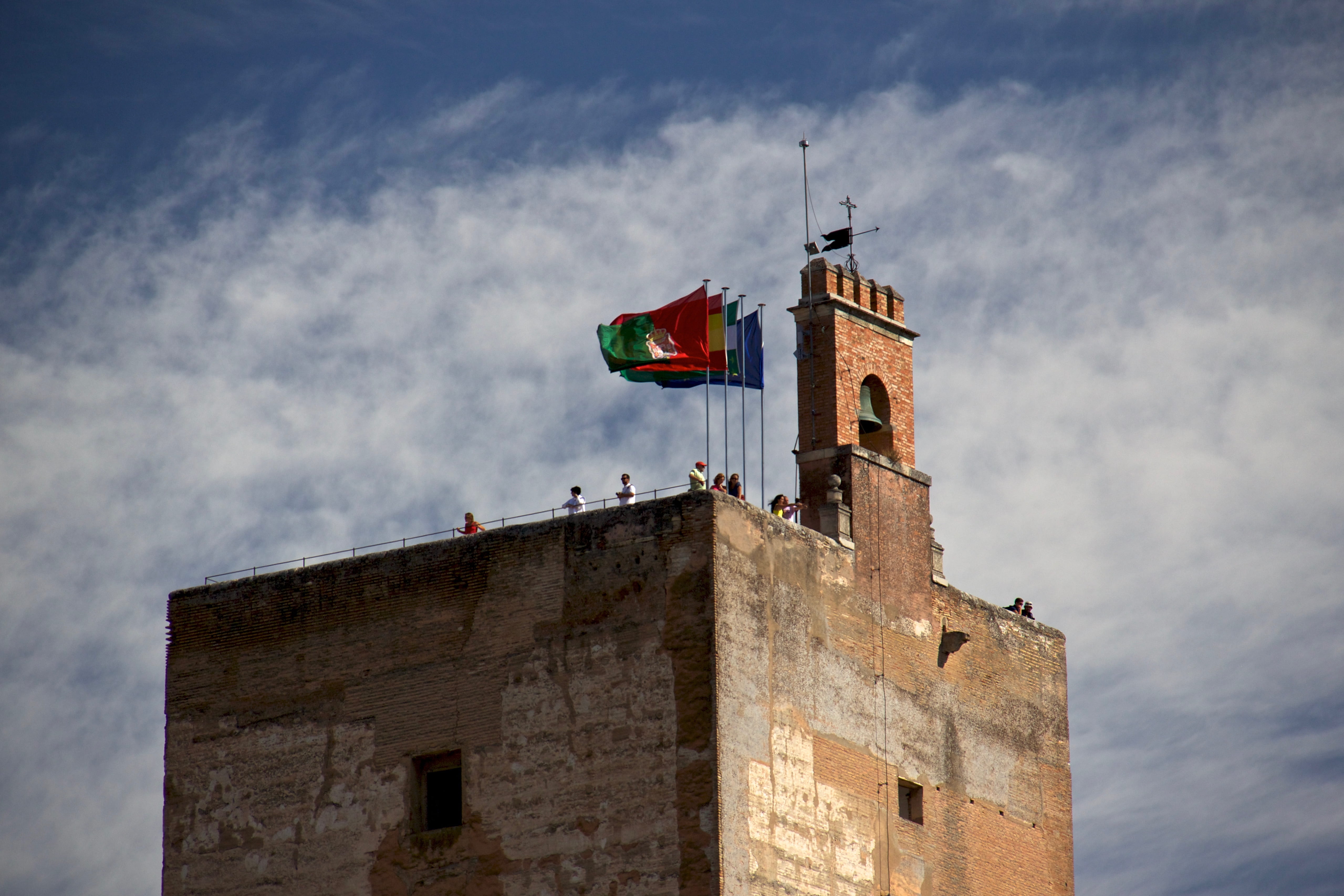 building, human, 4K, day, building exterior, no people, flag, spain, alhambra, flags, the past, nature, people, history, sky, person, fort, lookout, travel destinations, HD Wallpaper