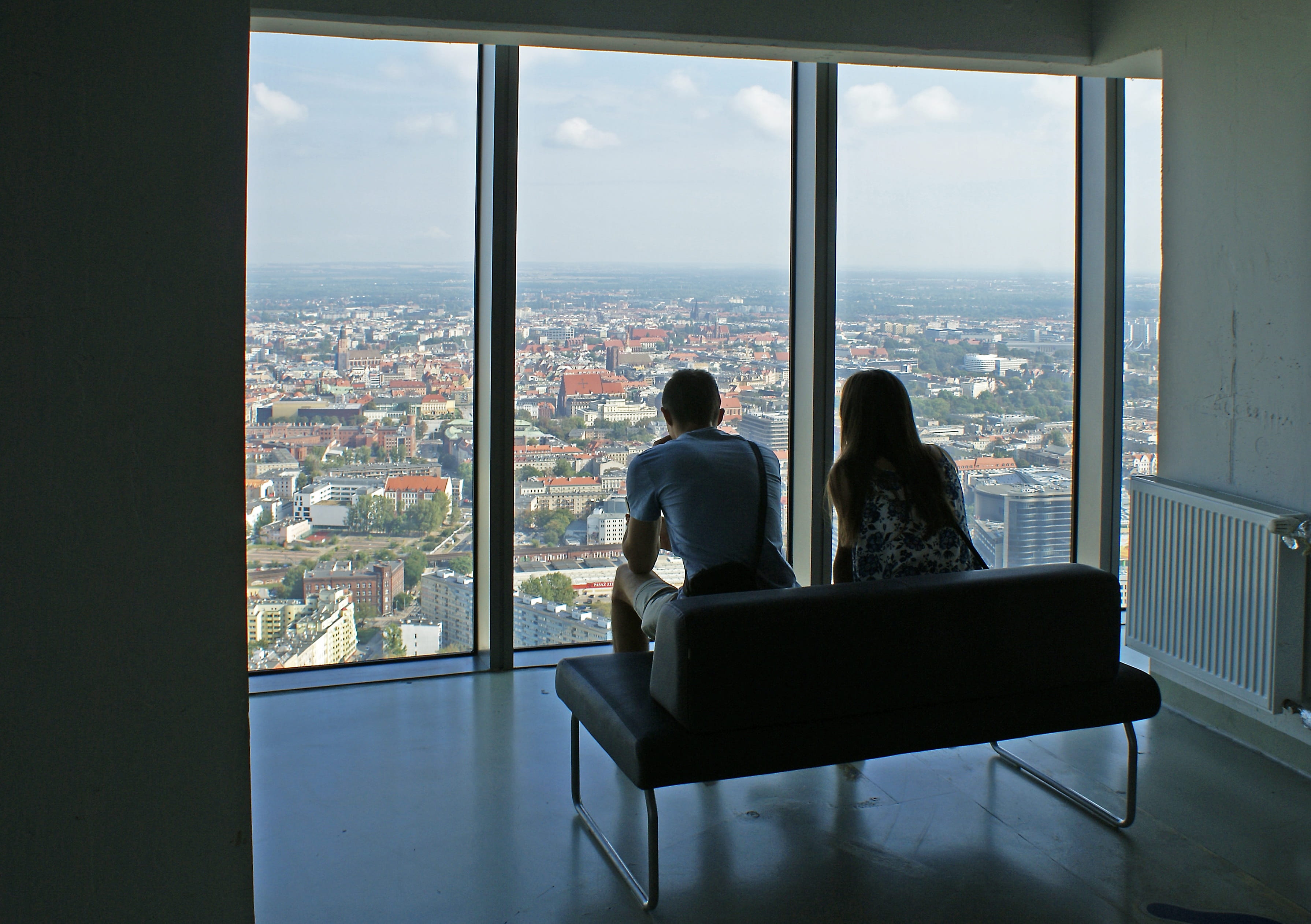 seat, sky, real people, day, looking through window, indoors, city, architecture, women, man, rear view, view from above, transparent, tower, glass - material, HD Wallpaper