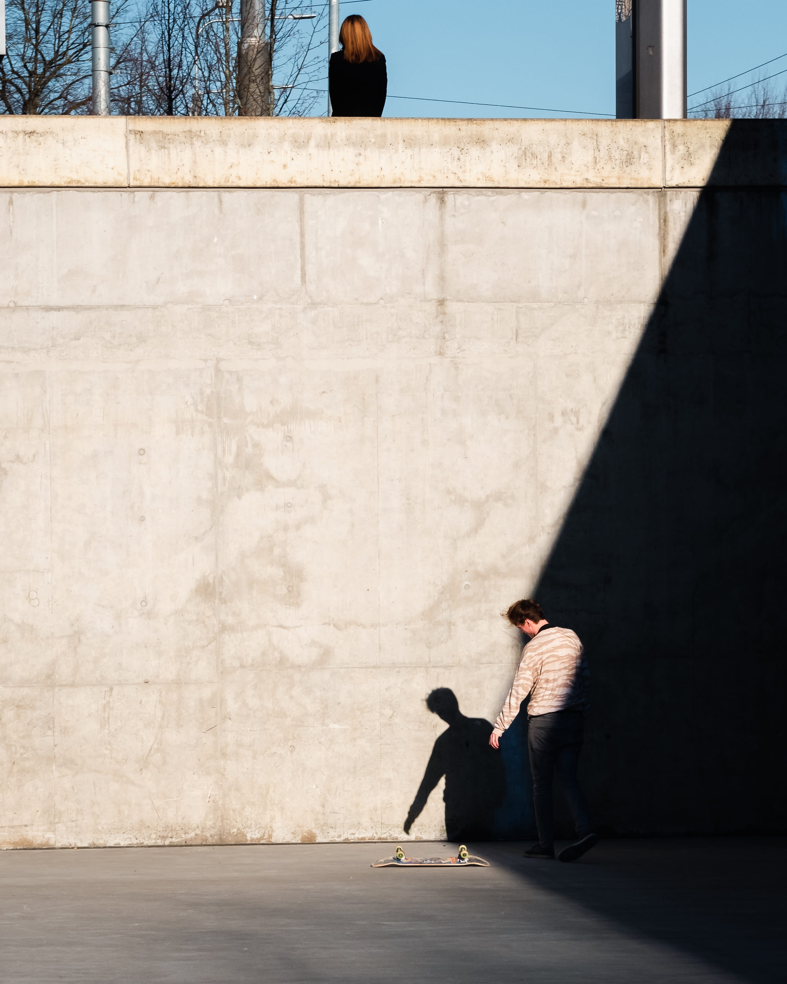 building, outdoors, office, side view, skateboard, window ledge, facade, nature, shadow, symmetry, person, urban, two people, men, sunny weather, built structure, Phone HD Wallpaper