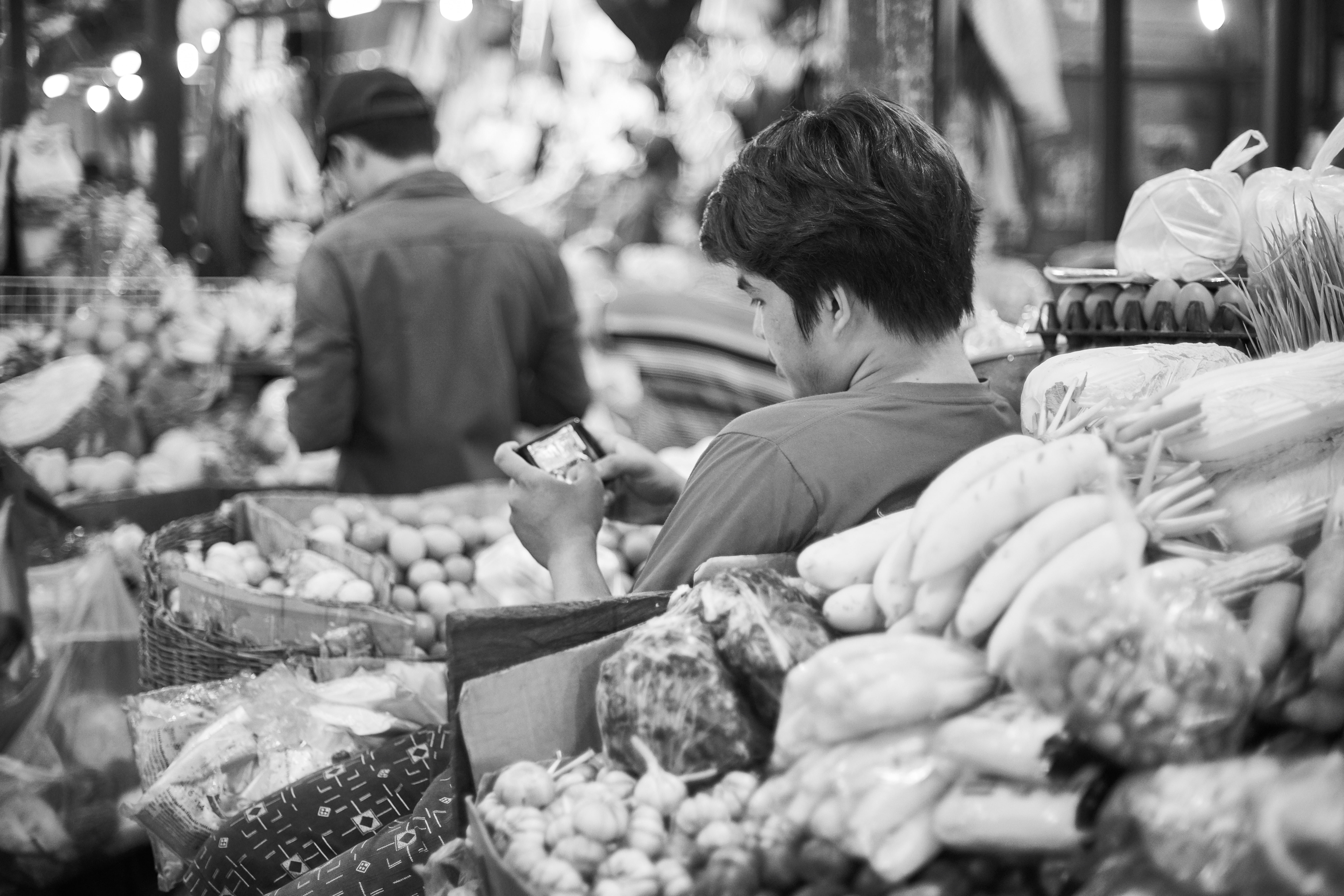 documentary, market, human, person, market stall, for sale, shopping, business, food, outdoors, asian, overview, black and white, small business, folk, HD Wallpaper