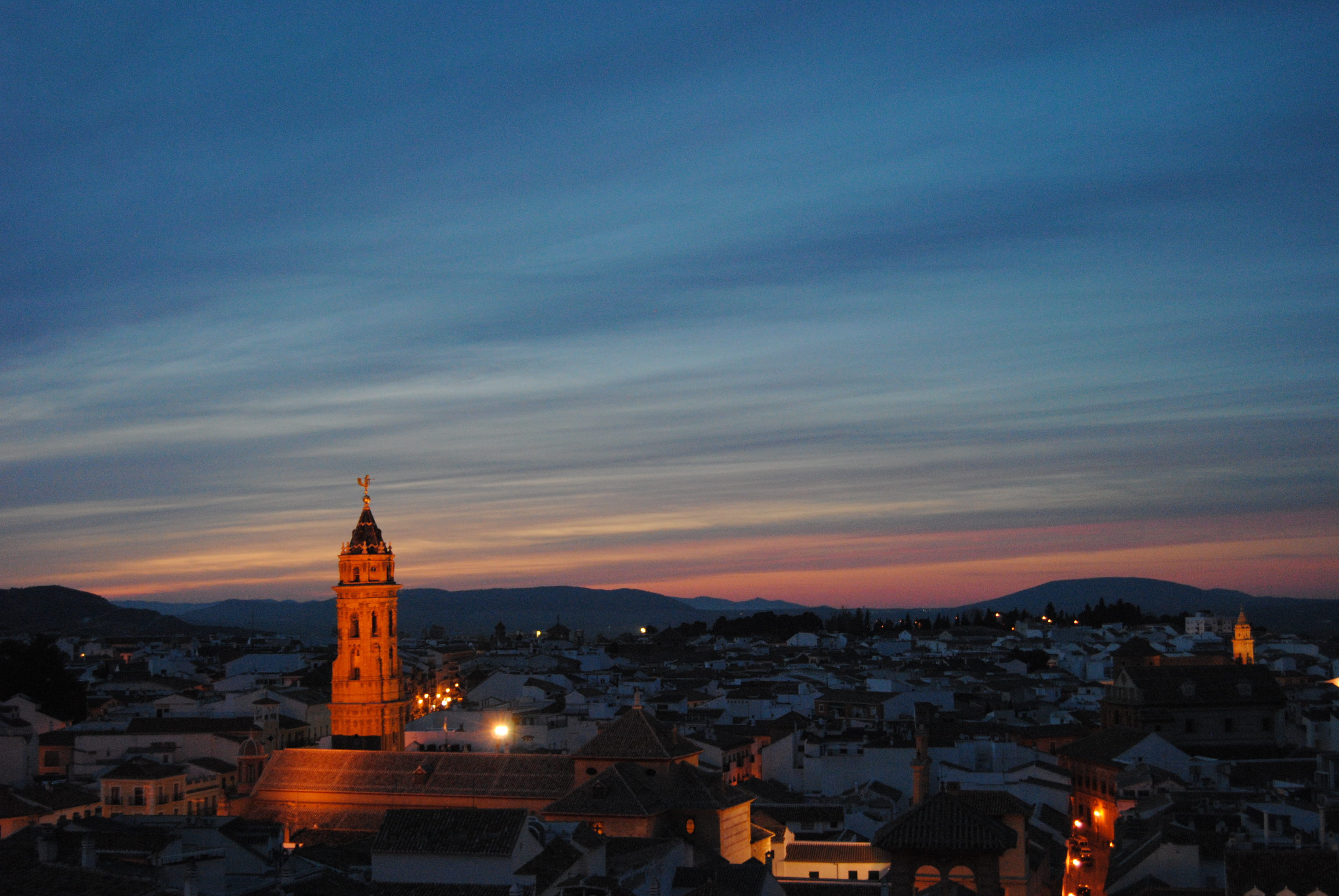 andalusian, españa, dusk, night, iglesia, clouds, outdoors, nature, sunset, spain, illuminated, architecture, building, pueblo, spire, belief, tourism, HD Wallpaper