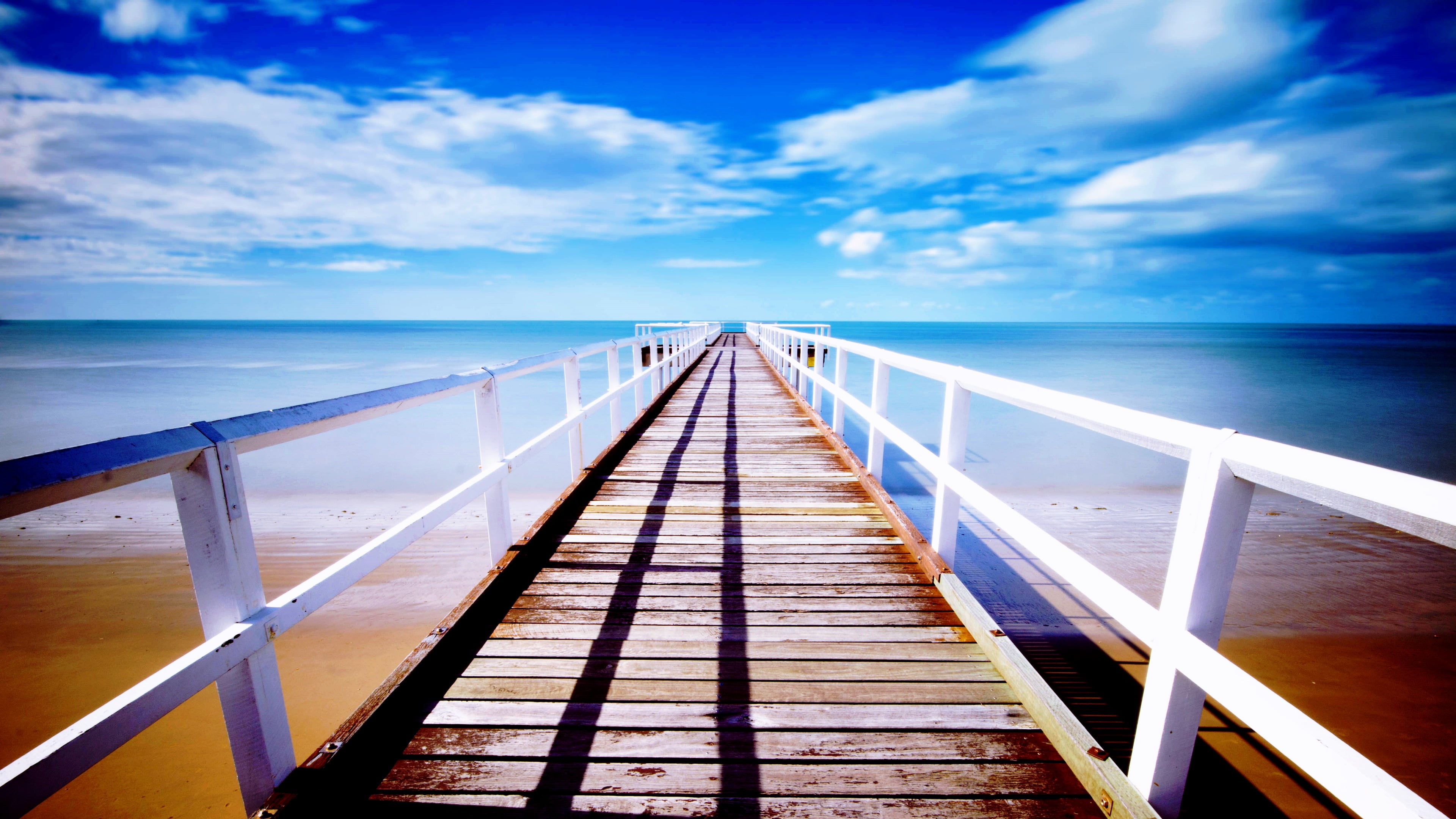 scenics - nature, diminishing perspective, sea, nature, pathway, wood - material, blue, wood paneling, tranquil scene, 4K, long, brown, orange, turquoise, HD Wallpaper