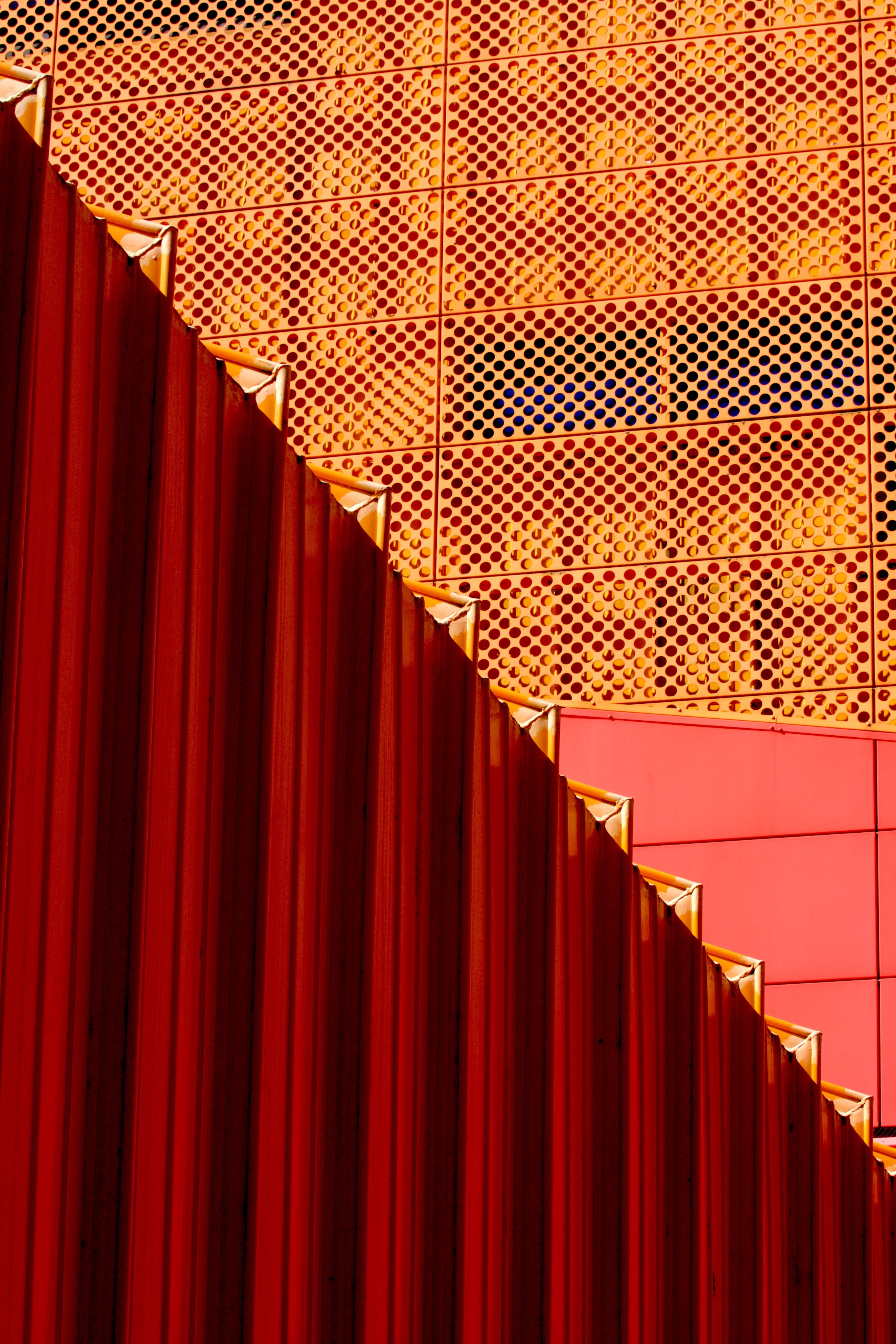 wall - building feature, red, lelystad, 4K, indoors, flevoland, full frame, agora theatre, architecture, sunlight, railing, absence, staircase, repetition, Phone HD Wallpaper