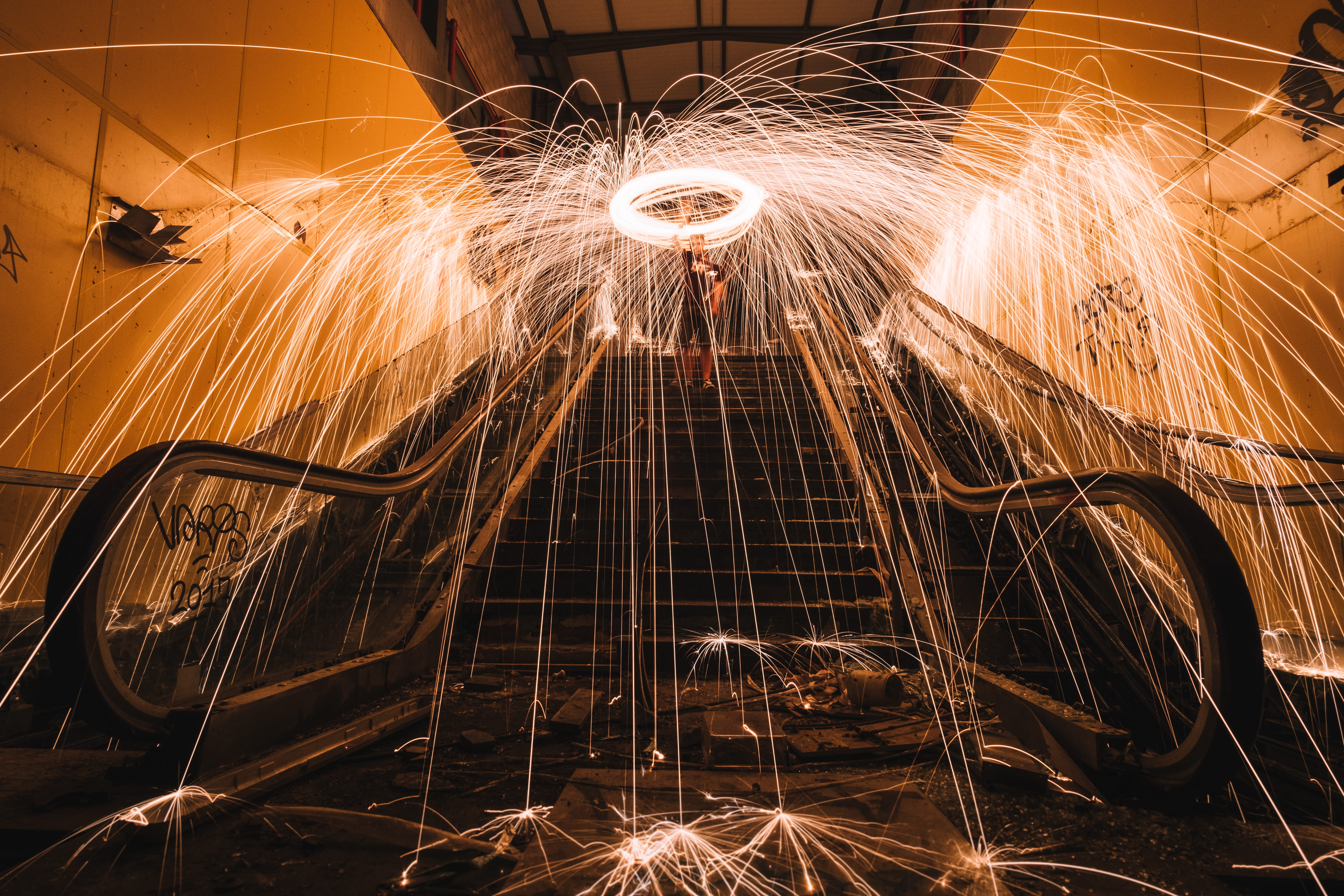 spinning, factory, dance, standing, 5K, sparks, alloy, flame, steel, fire - Natural Phenomenon, illuminated, fireworks display, long exposure, technology, HD Wallpaper