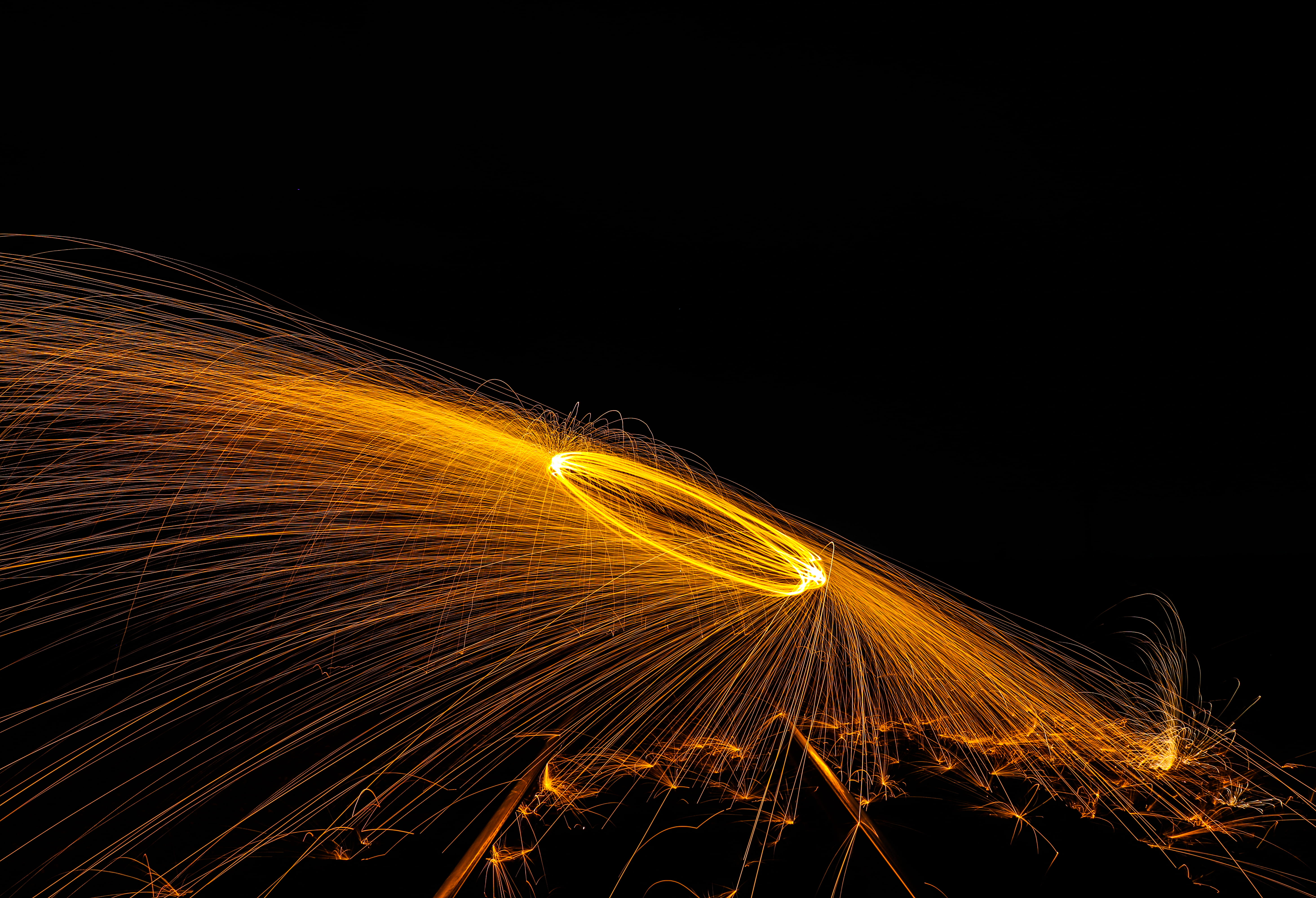 speed, nature, light trail, outdoors, fire, dance, dark, pattern, hot, spin, 5K, spark spray, burning, communication, steel, glowing, photography, black background, HD Wallpaper