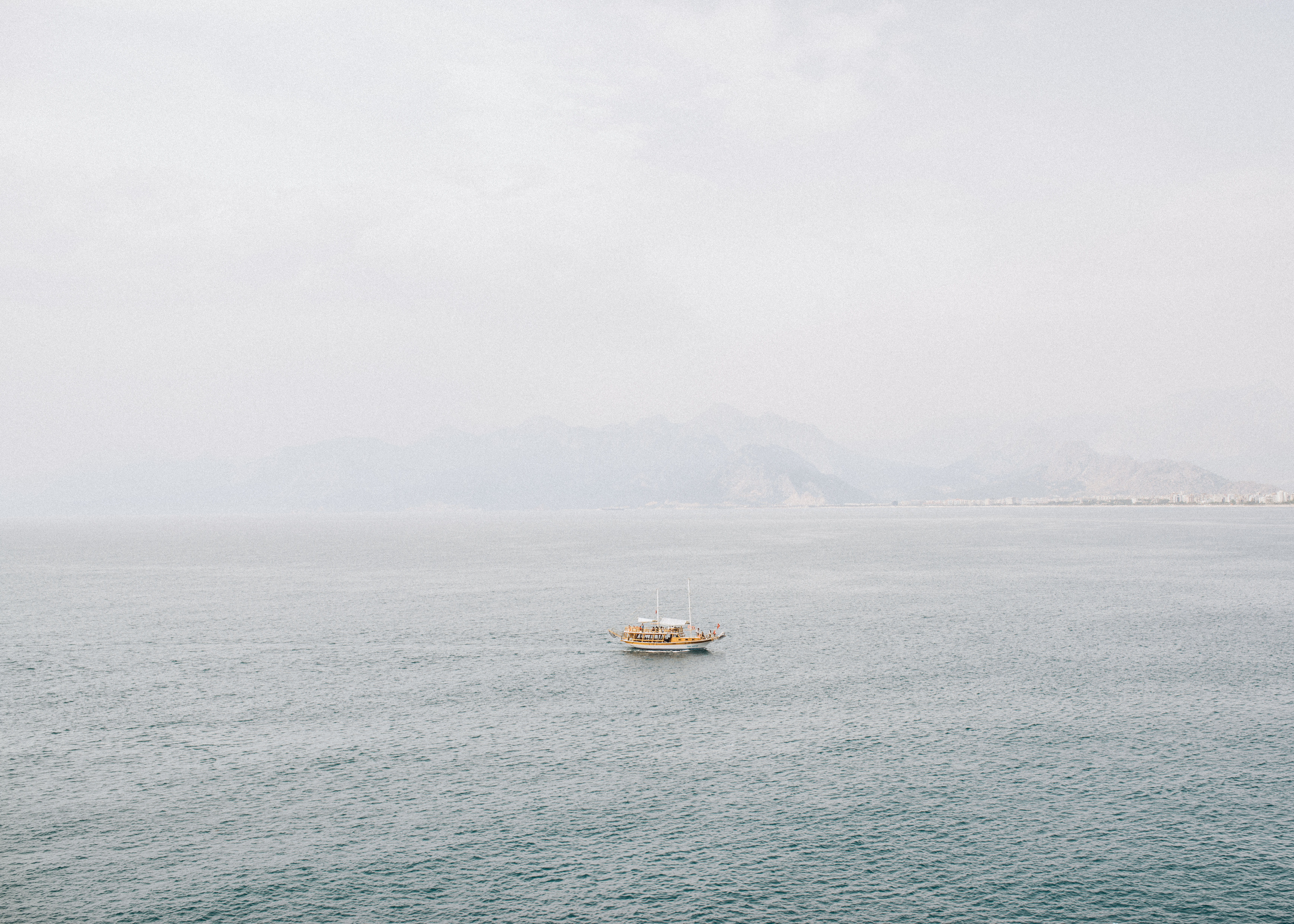 beauty in nature, no people, white, sailboat, cloud - sky, sail, fog, antalya, travel, mode of transportation, asia minor, sailing, brown, outdoors, beach, HD Wallpaper