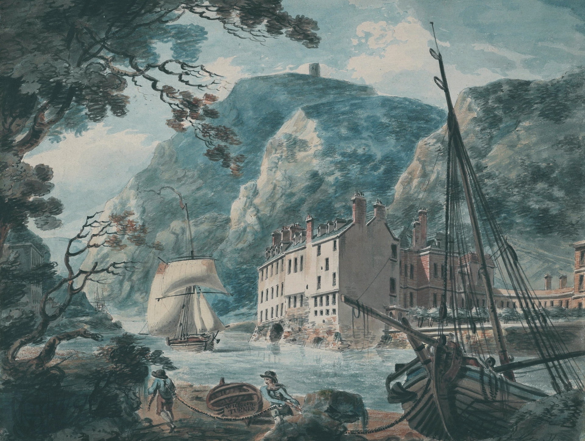 picture, mountains, 1080P, sail, watercolor, ship, sea, The Avon Gorge at Bristol, William Turner, with the Old Hot Wells House, landscape, HD Wallpaper