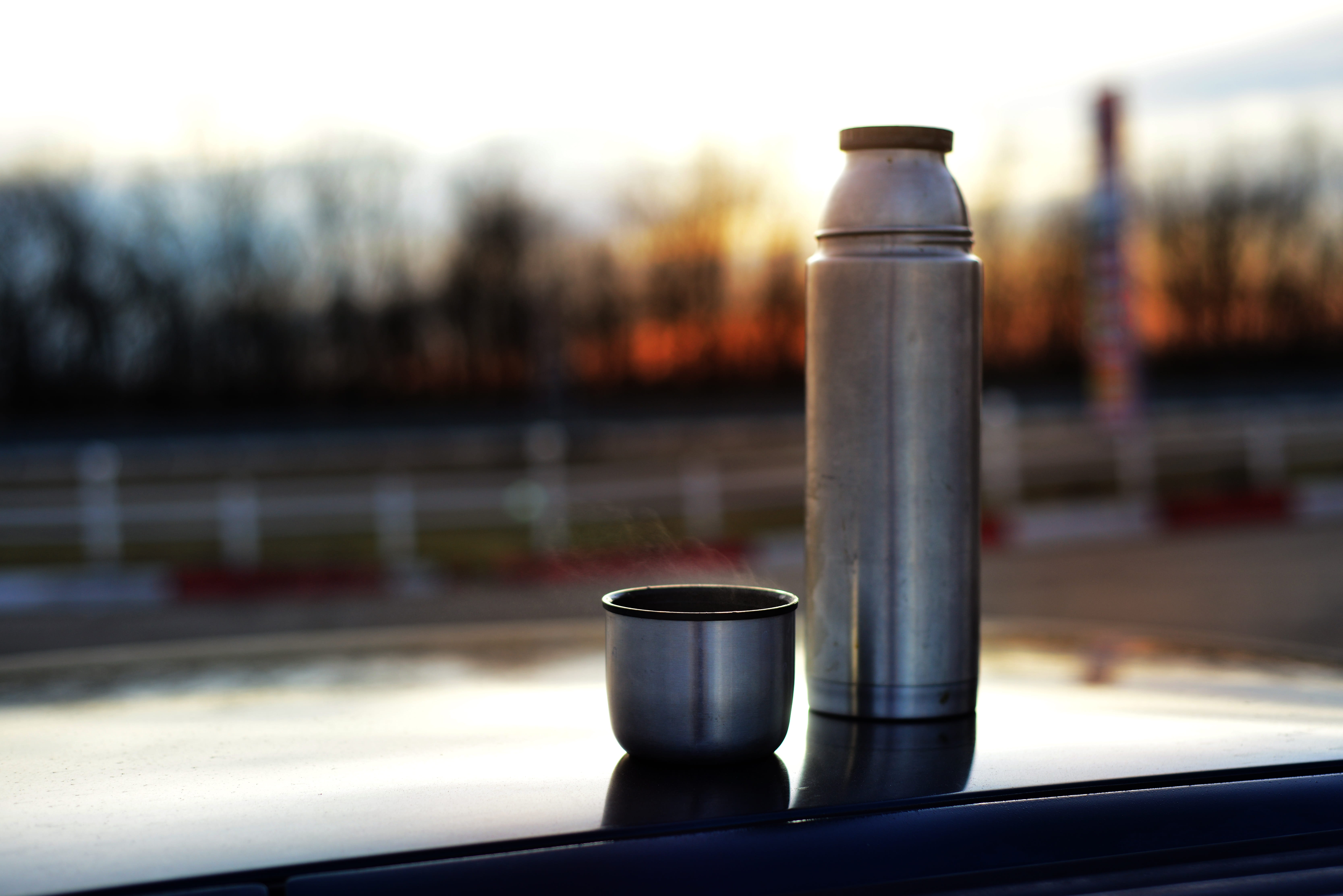 food and drink, hot, calm, car, water, drink, outdoors, glass, motor vehicle, thermos, panorama, metal, silence, sunrise, mood, in the morning, tea, morning, HD Wallpaper