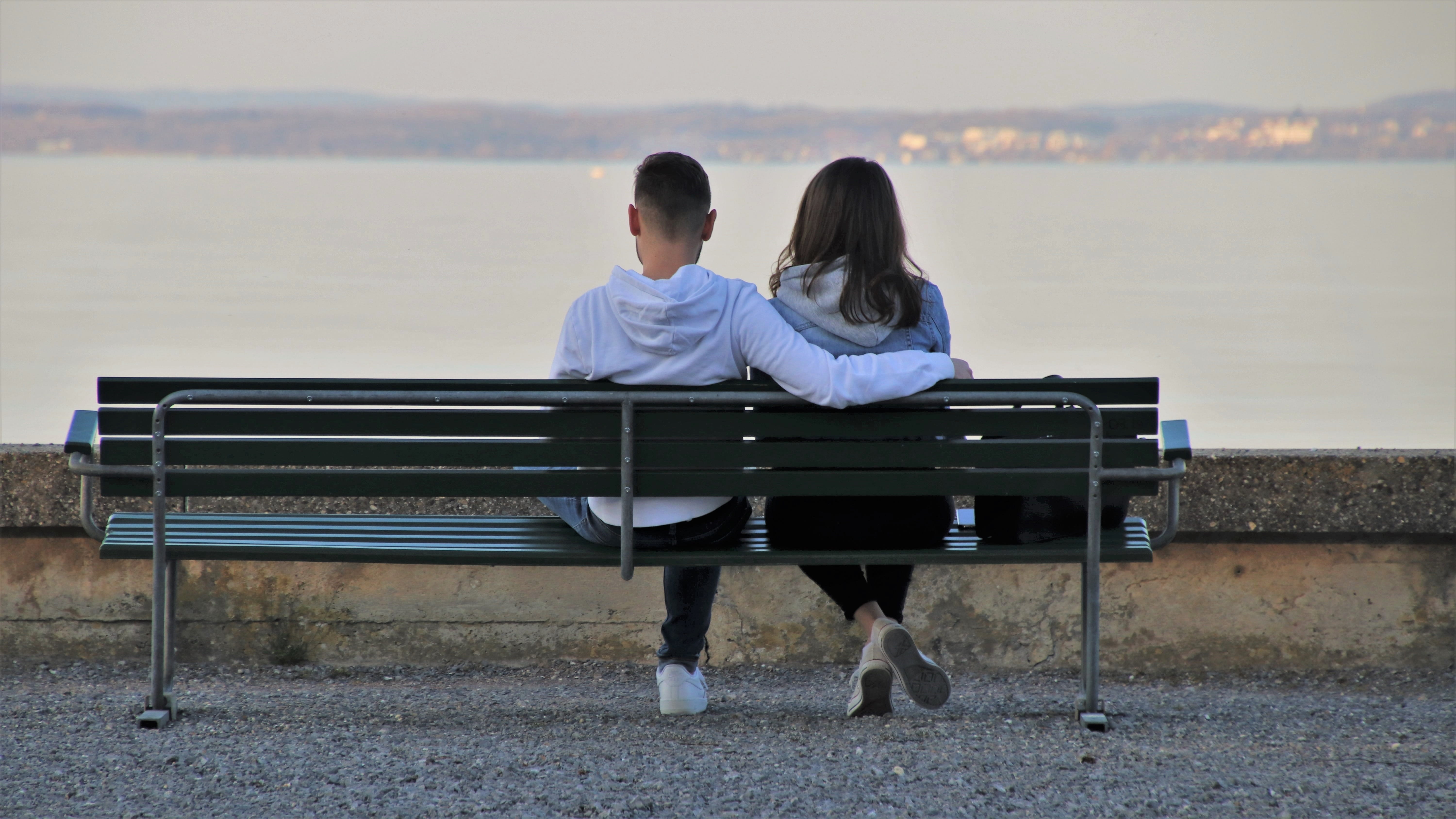 sitting, trust, two, seat, arm around, hairstyle, emotion, bench, people, heterosexual couple, spring, nature, men, outdoors, water, silence, 5K, happy, HD Wallpaper