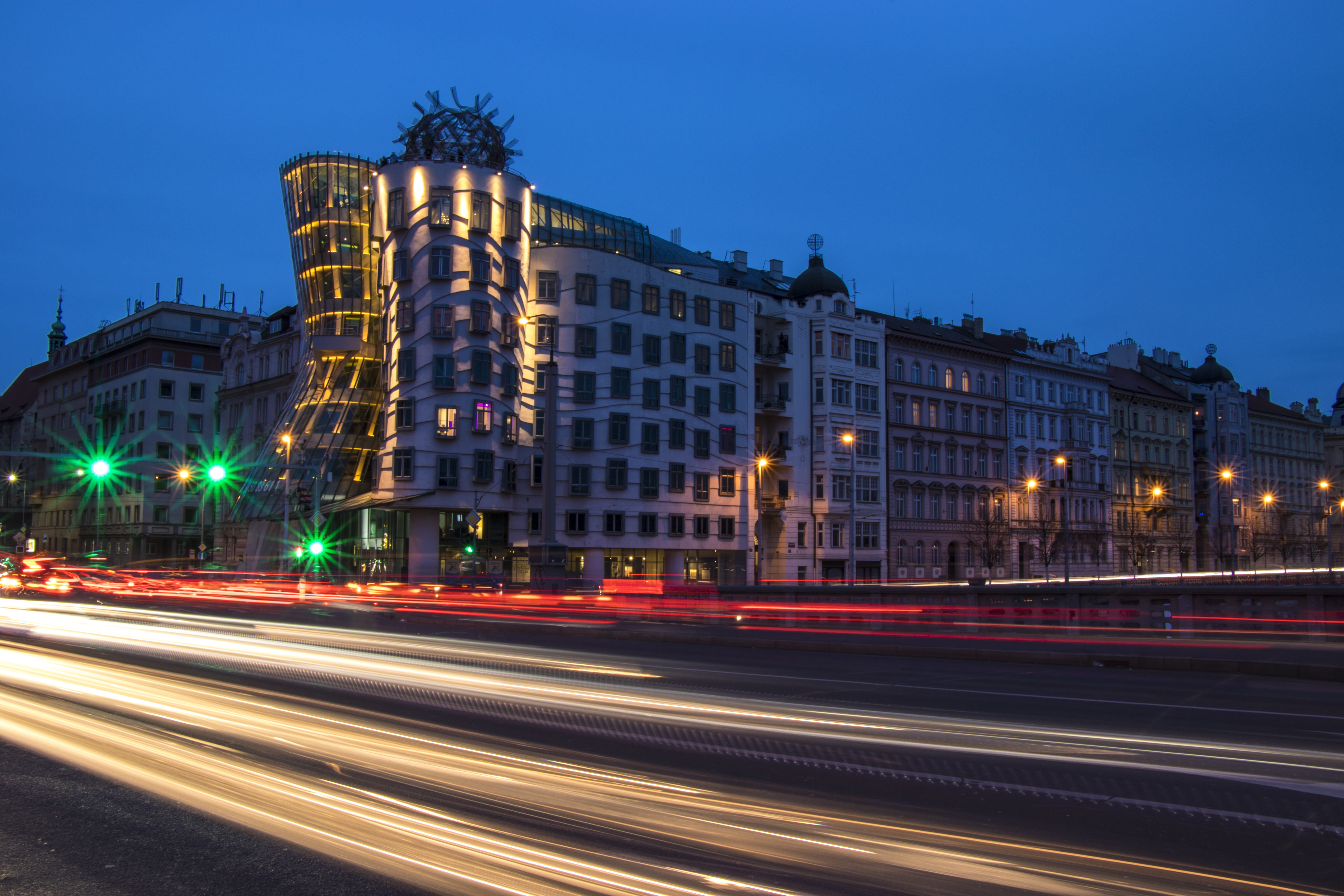 long exposure, tancici, night, praga, illuminated, way, road, tančící dům, no people, dancing, city life, cityscape, lights, street, outdoors, city, motion, HD Wallpaper
