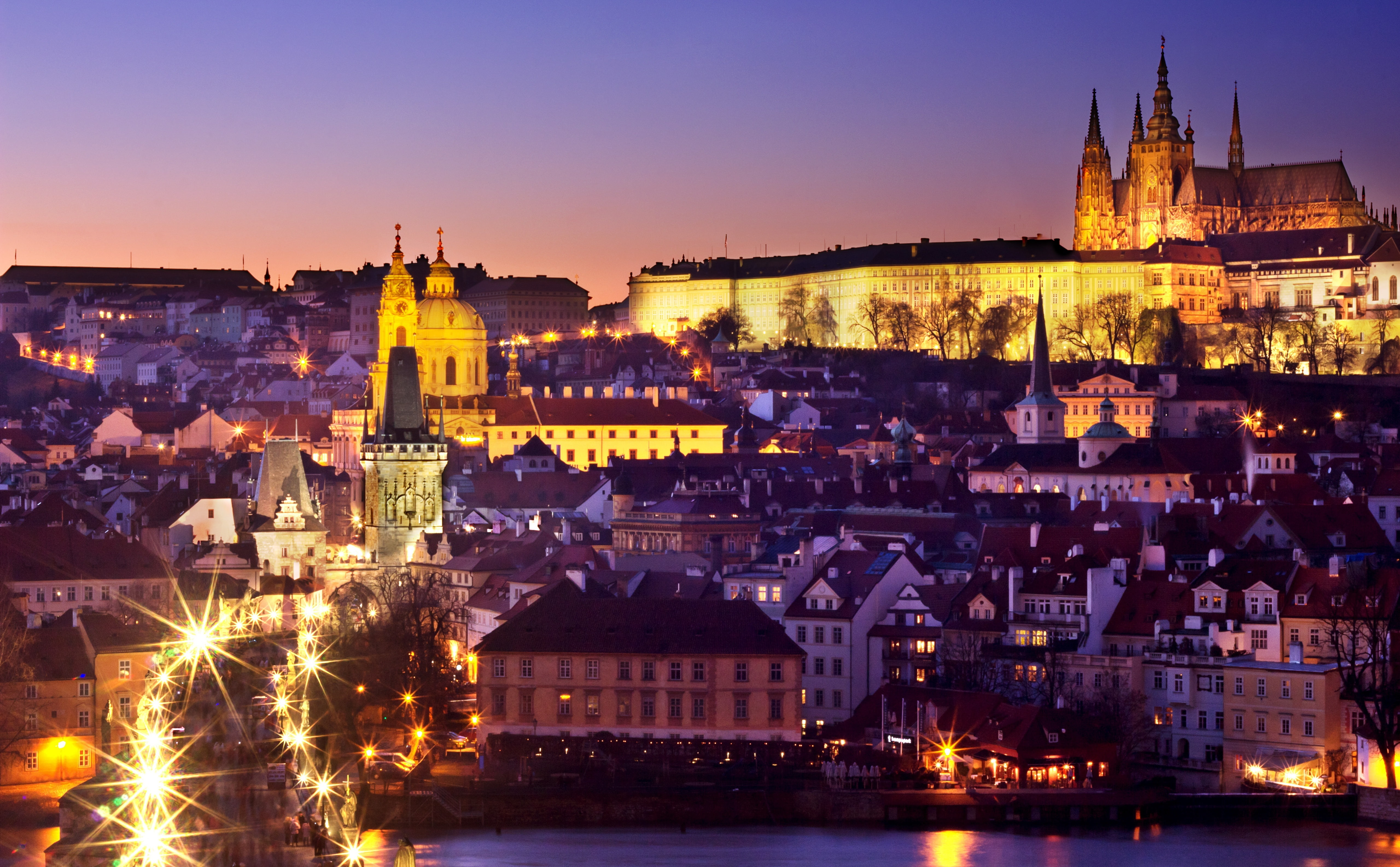5K, StNicholasChurch, house, river, City, building, night, czechrepublic, cityscape, residential district, Bridge, built structure, Golden, outdoors, dusk, HD Wallpaper