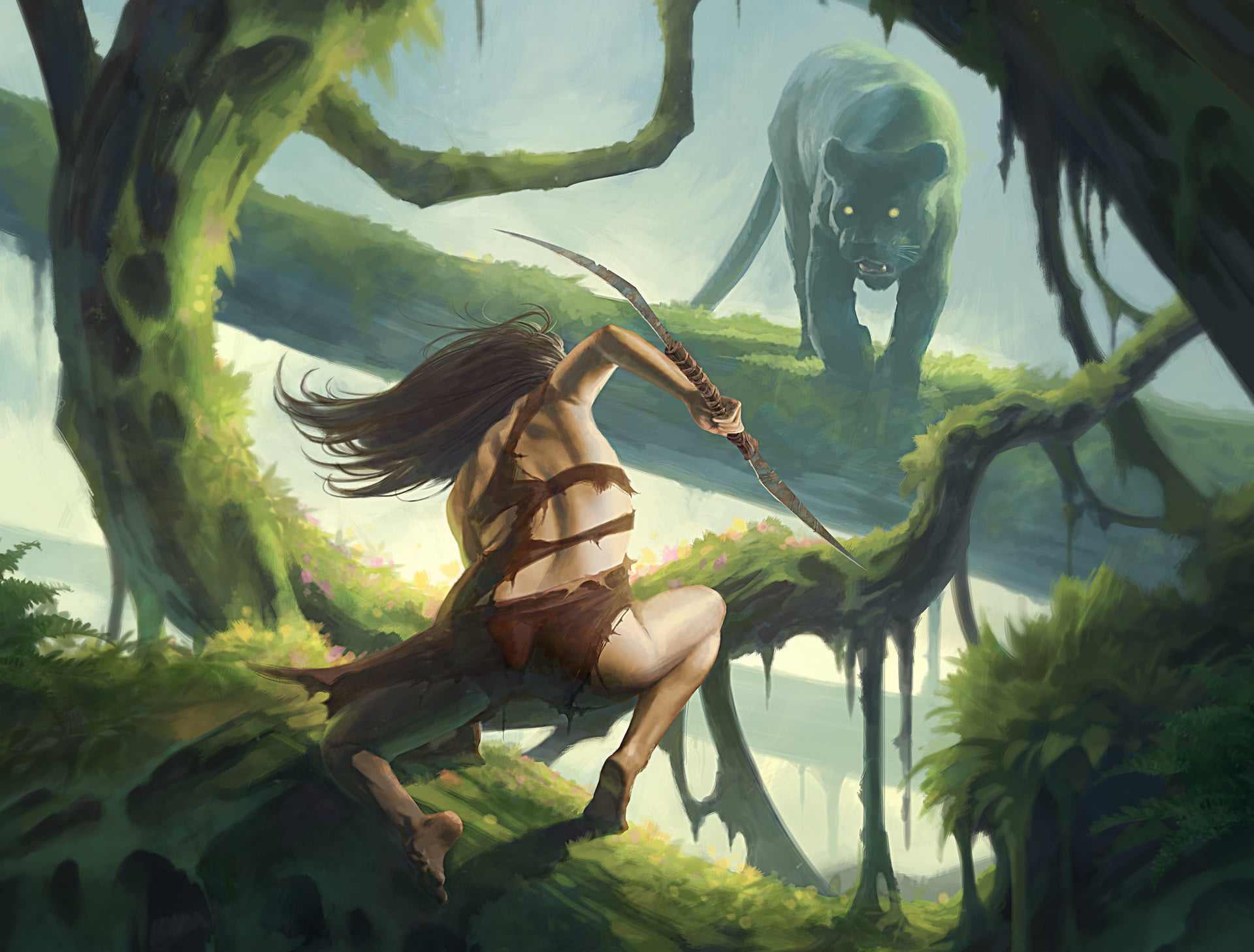 trees, art, people, human representation, plants, plant, tree, growth, creativity, 1080P, Panther, green color, bow, outdoors, vs, plant part, tarzan, HD Wallpaper
