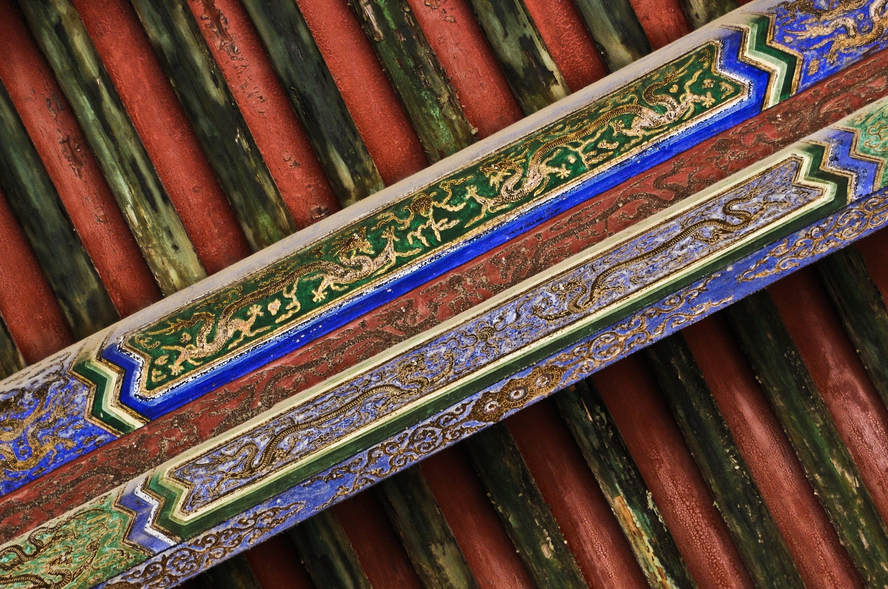 low angle view, place of worship, close-up, forbidden city, multi colored, art and craft, day, ornament, creativity, wood - material, pattern, building, HD Wallpaper