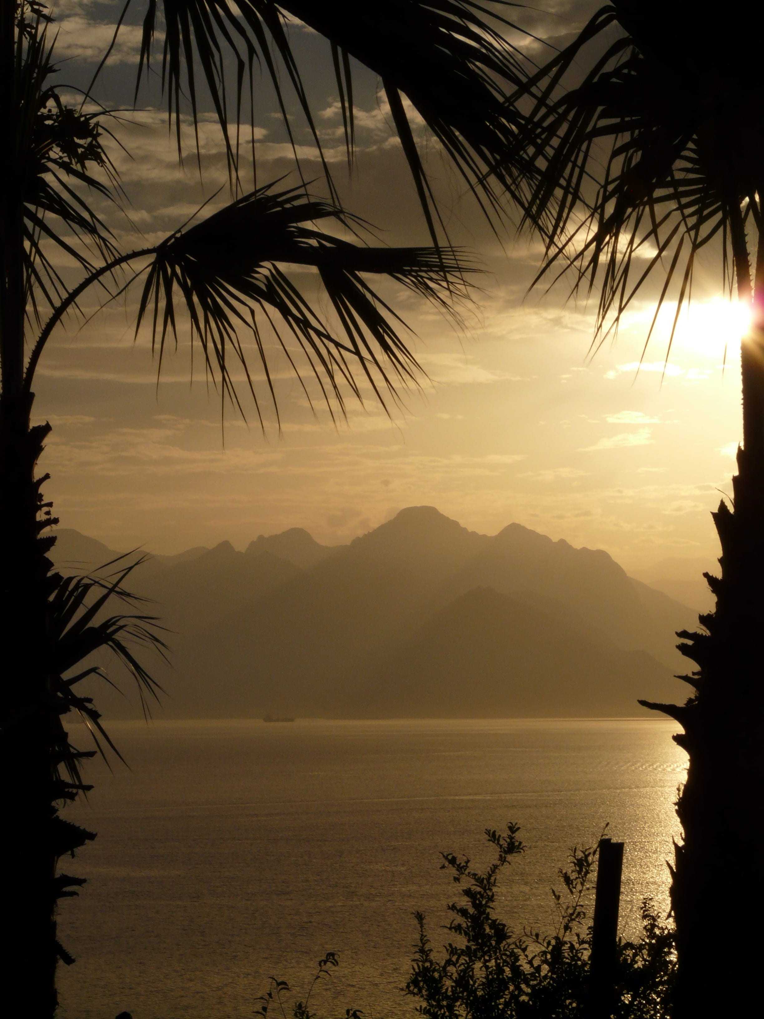 mountain, no people, ocean, coconut, outlook, cliff, tranquil scene, holiday, cloud - sky, sunbeam, trees, water, antalya, scenics - nature, tranquility, Phone HD Wallpaper