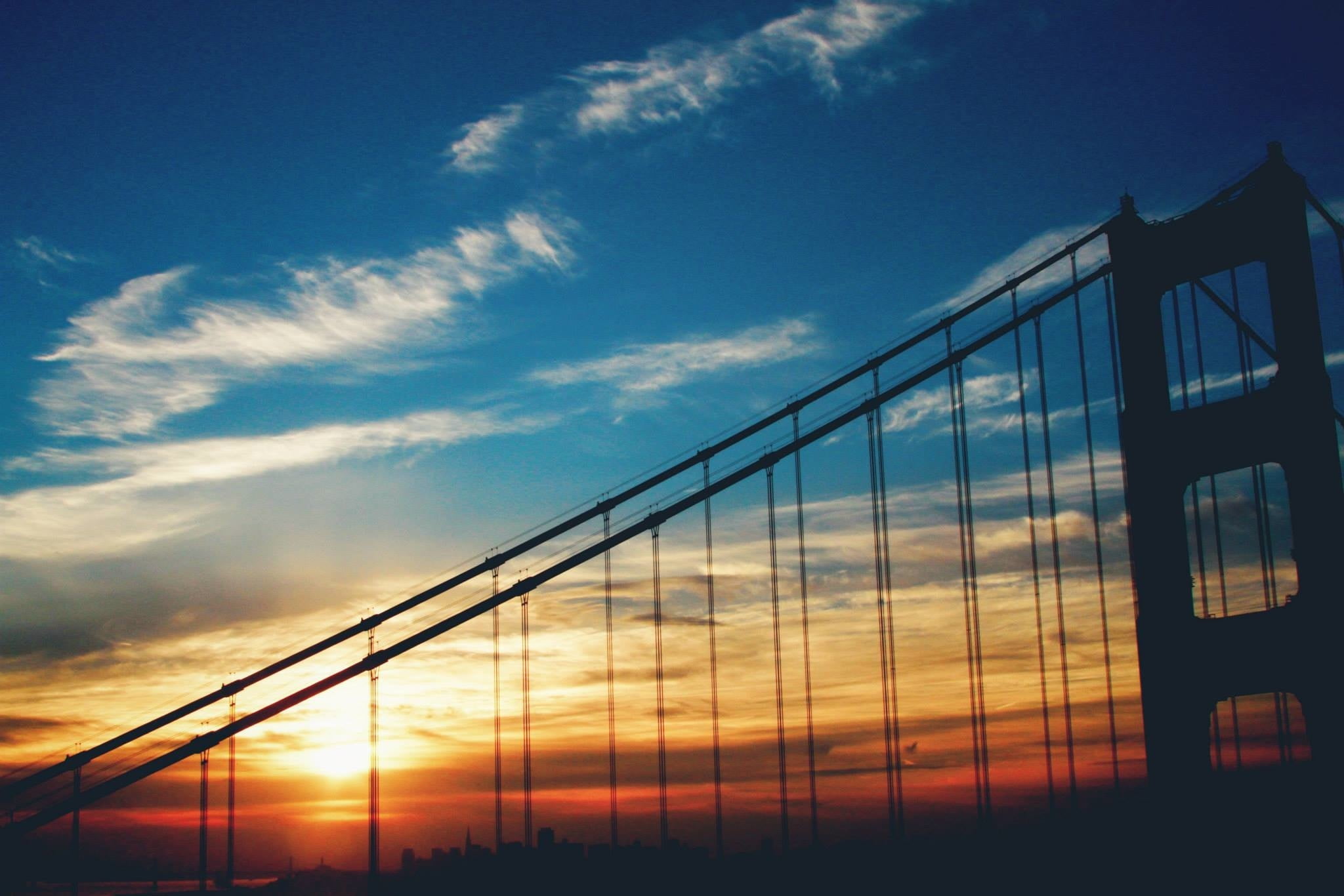 architecture, 1080P, uSA, clouds, city, downtown District, famous Place, golden Gate Bridge, red, bridge, travel, birdge, sunset, night, suspension Bridge, HD Wallpaper