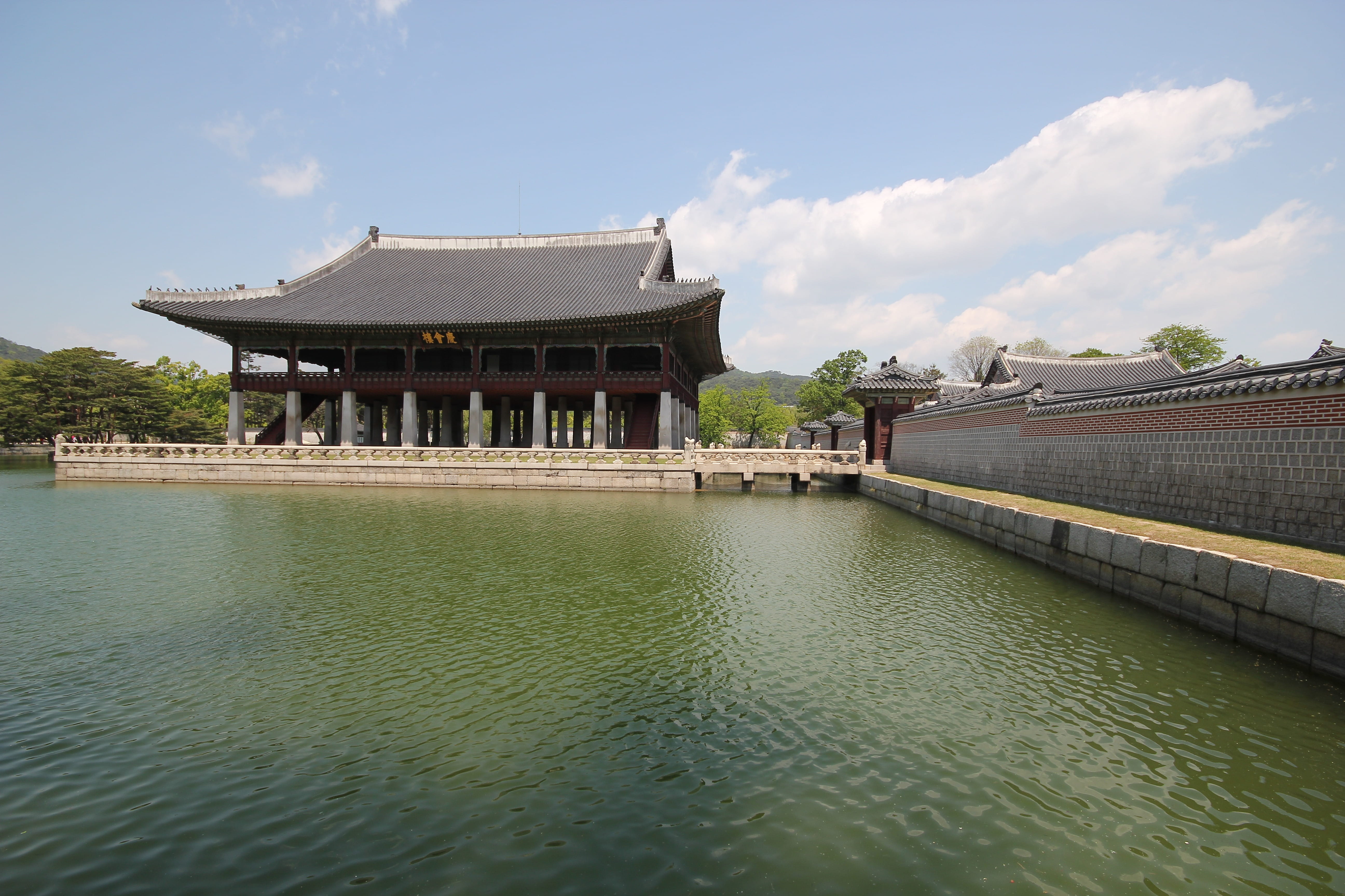 water, outdoors, travel destinations, building exterior, cloud - sky, no people, connection, river, architecture, plant, gyeonghoeru, nature, 5K, building, HD Wallpaper