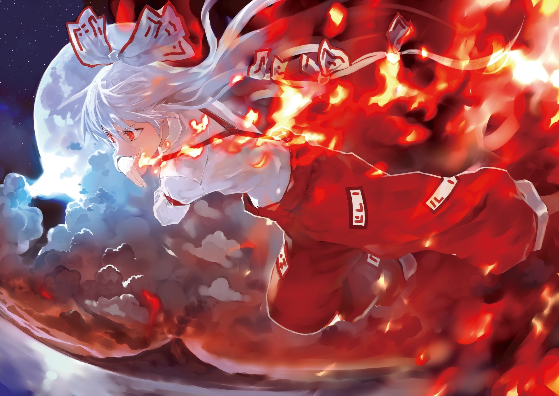 Touhou, 1080P, Fujiwara no Mokou, fire, Moon, HD Wallpaper