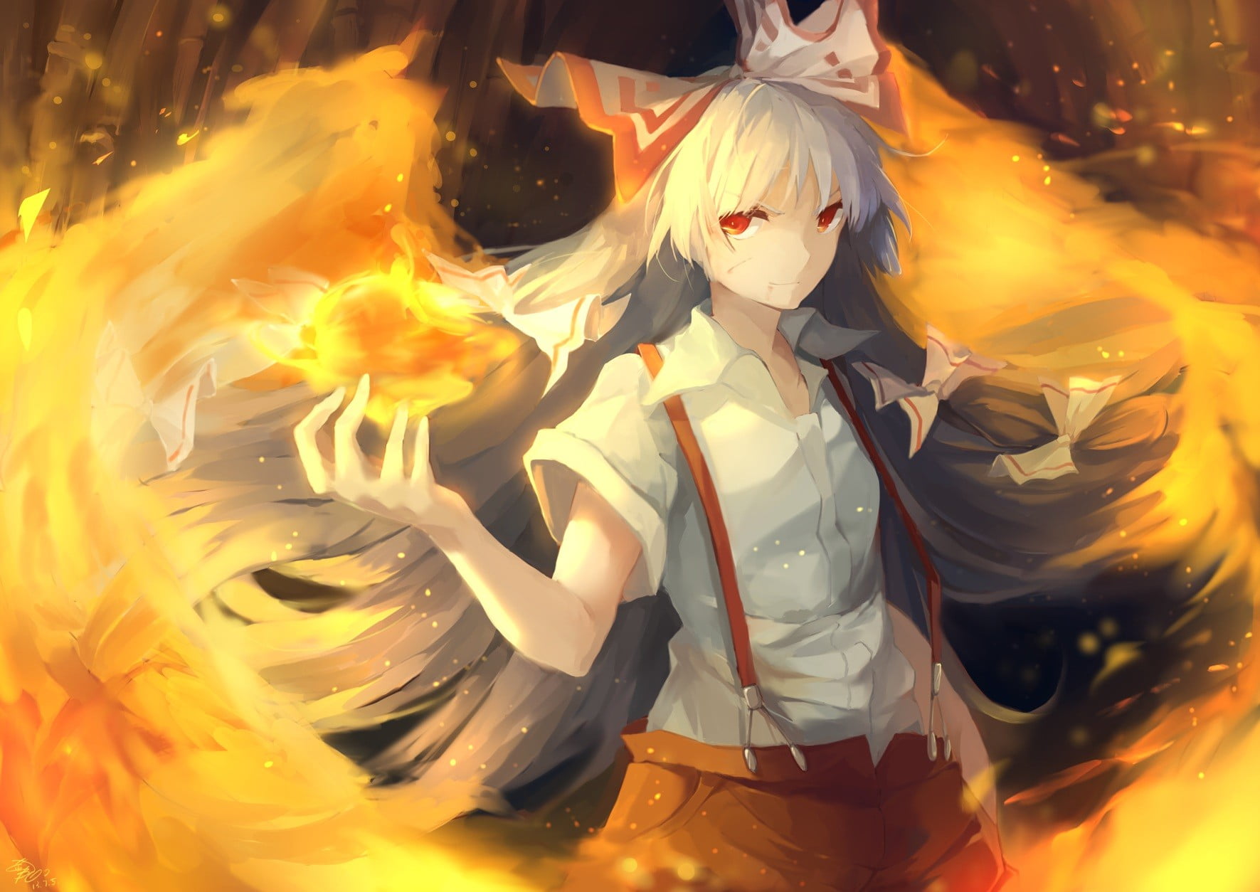 digital, event, Fujiwara no Mokou, one person, character, adult, obscured face, costume, magic, nature, anime, holding, arts culture and entertainment, HD Wallpaper