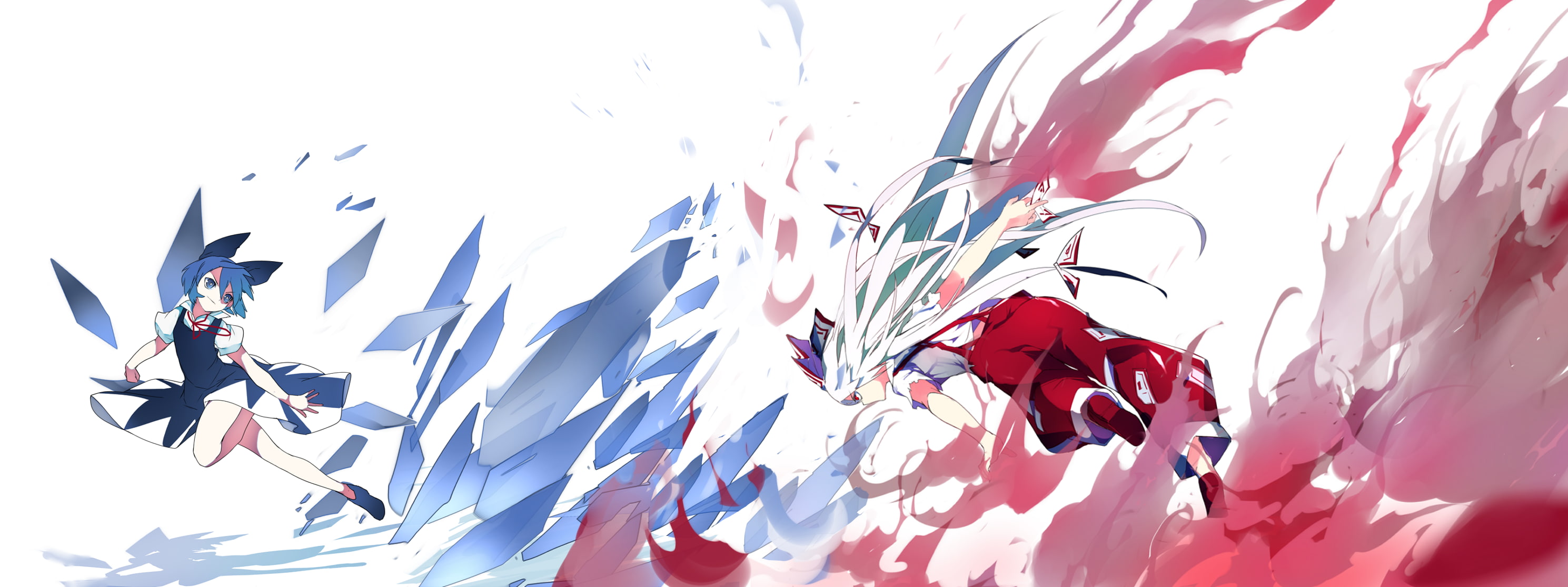 digital art, Touhou, Fujiwara no Mokou, original characters, warrior, artwork, anime girls, battle, 2K, fantasy art, weapon, Cirno, HD Wallpaper
