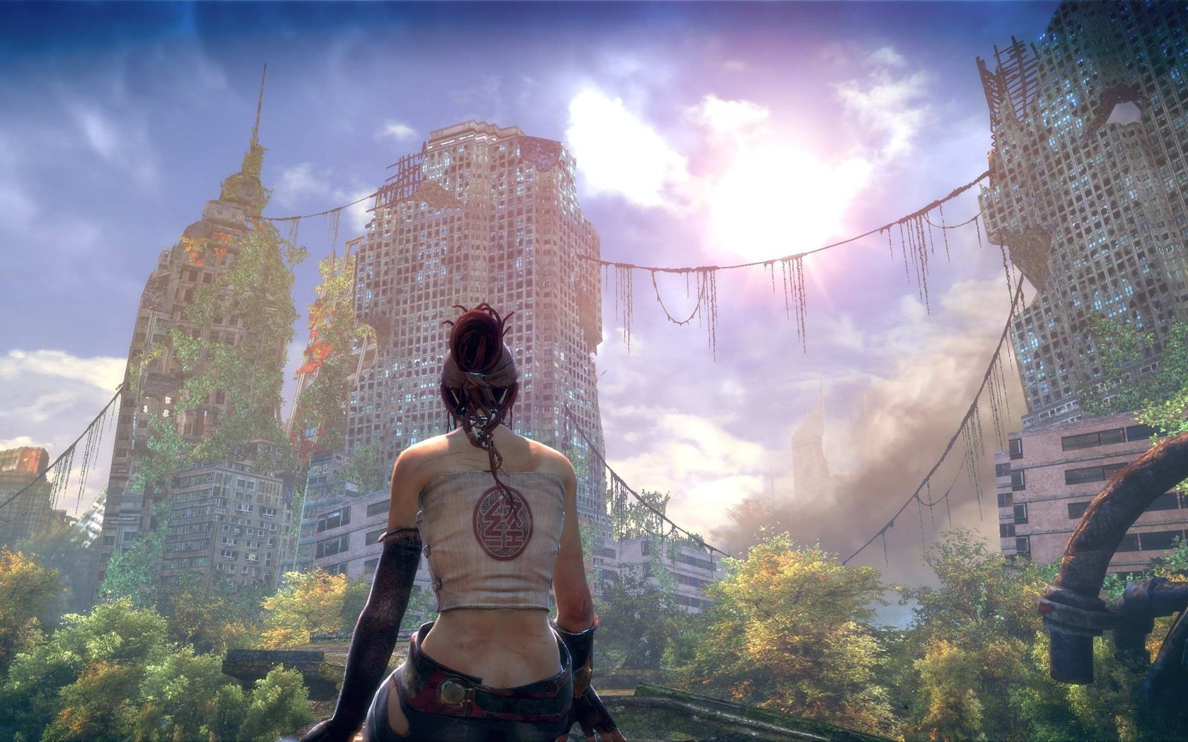 hairstyle, city, 720P, women, built structure, plant, real people, video games, rear view, looking at view, one person, adult, standing, lifestyles, sky, HD Wallpaper