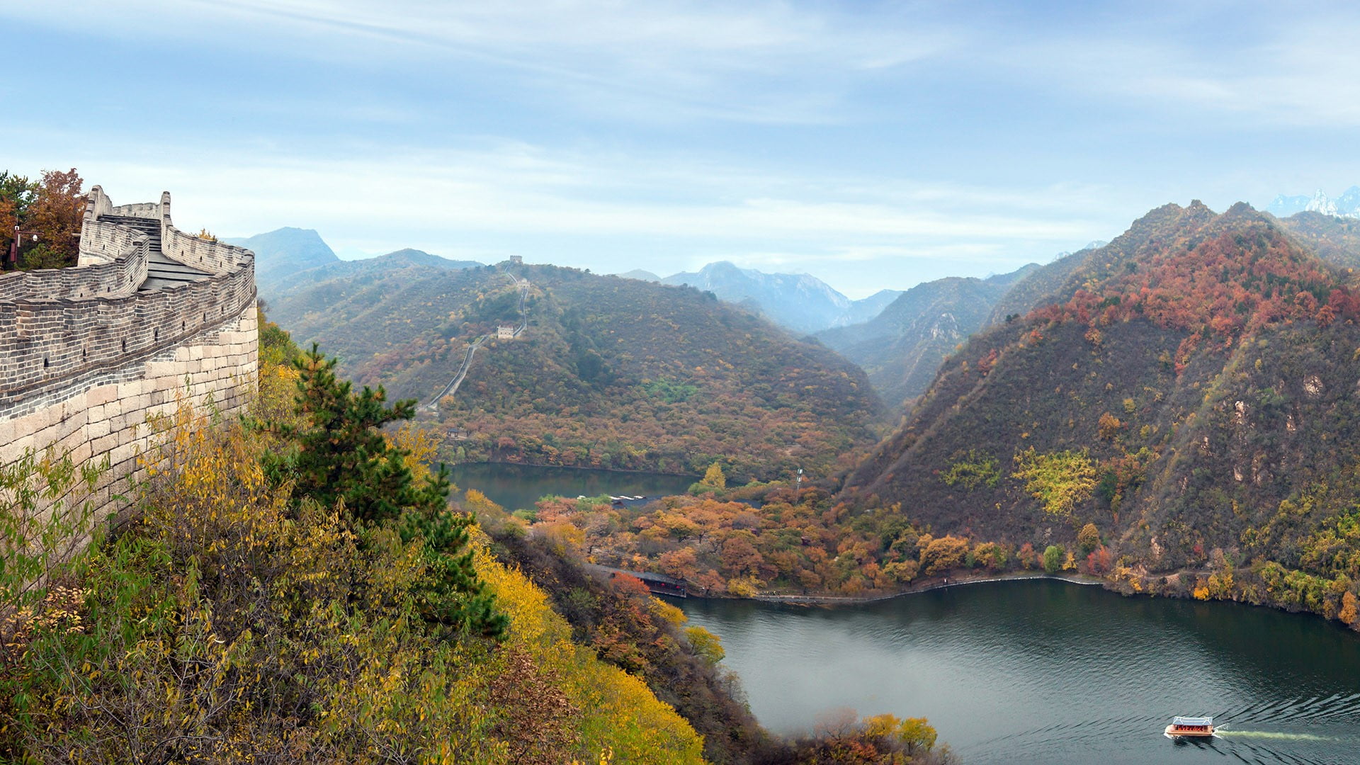 boat, China, Great Wall of China, forest, clouds, river, fall, trees, Beijing, nature, landscape, plants, 1080P, HD Wallpaper