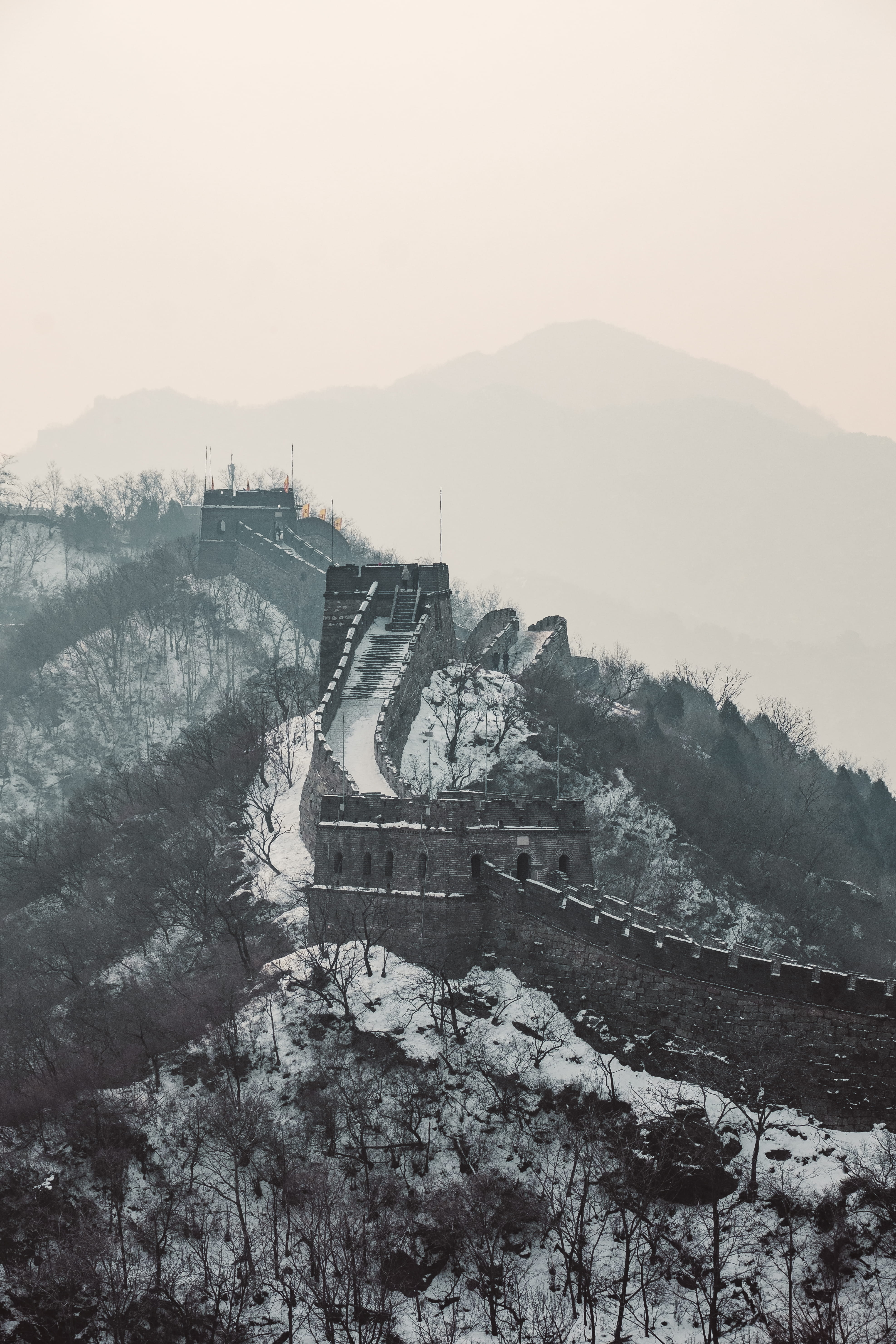 wall, mountains, mist, beijing, scenery, person, snow, architecture, building exterior, water, outdoors, human, building, great wall of china, travel, panoramic, Phone HD Wallpaper