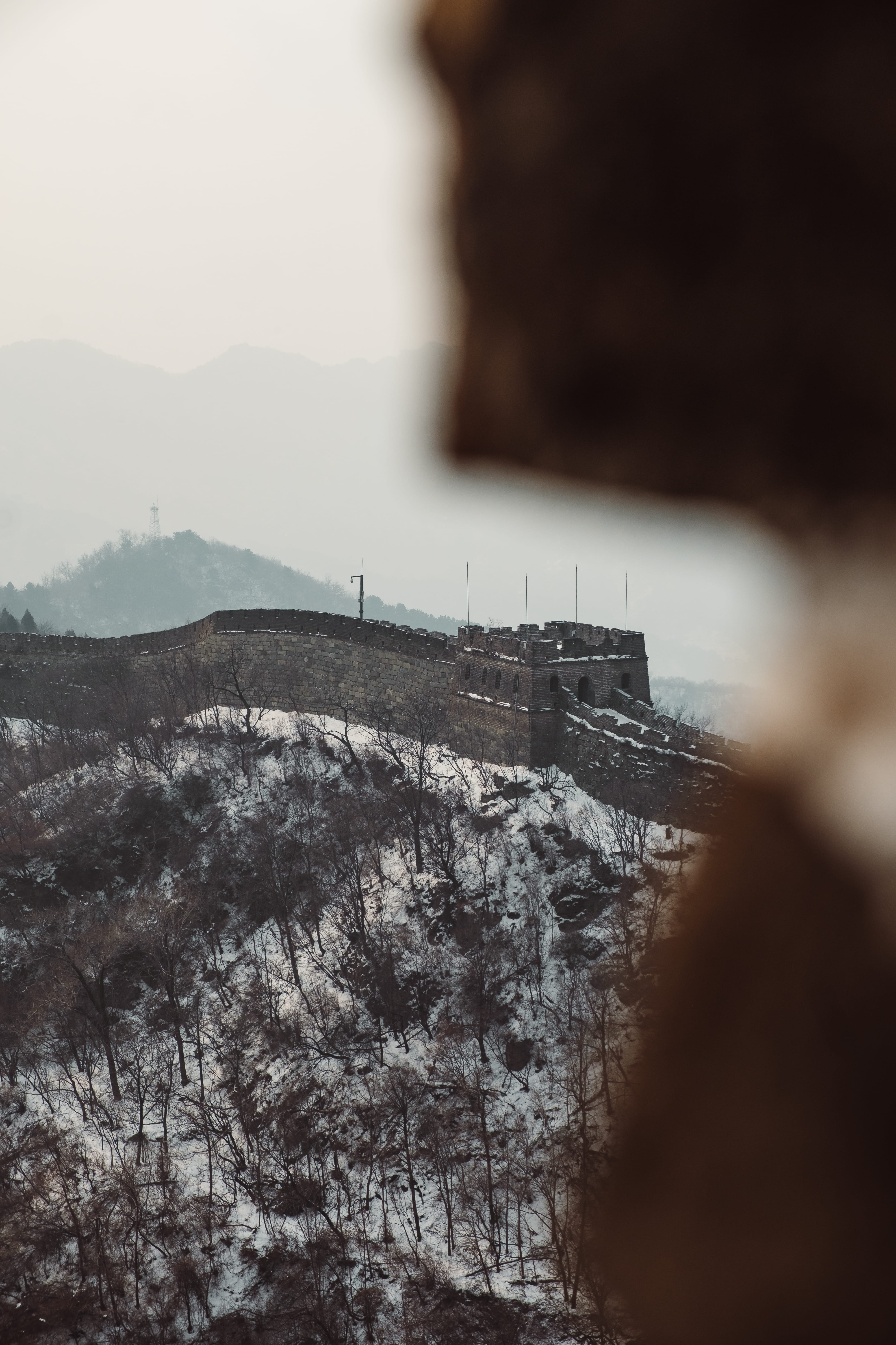 beauty in nature, snow, china, beijing, built structure, great wall, mountains, mist, no people, view, sky, steeple, focus on background, tower, 5K, city, Phone HD Wallpaper
