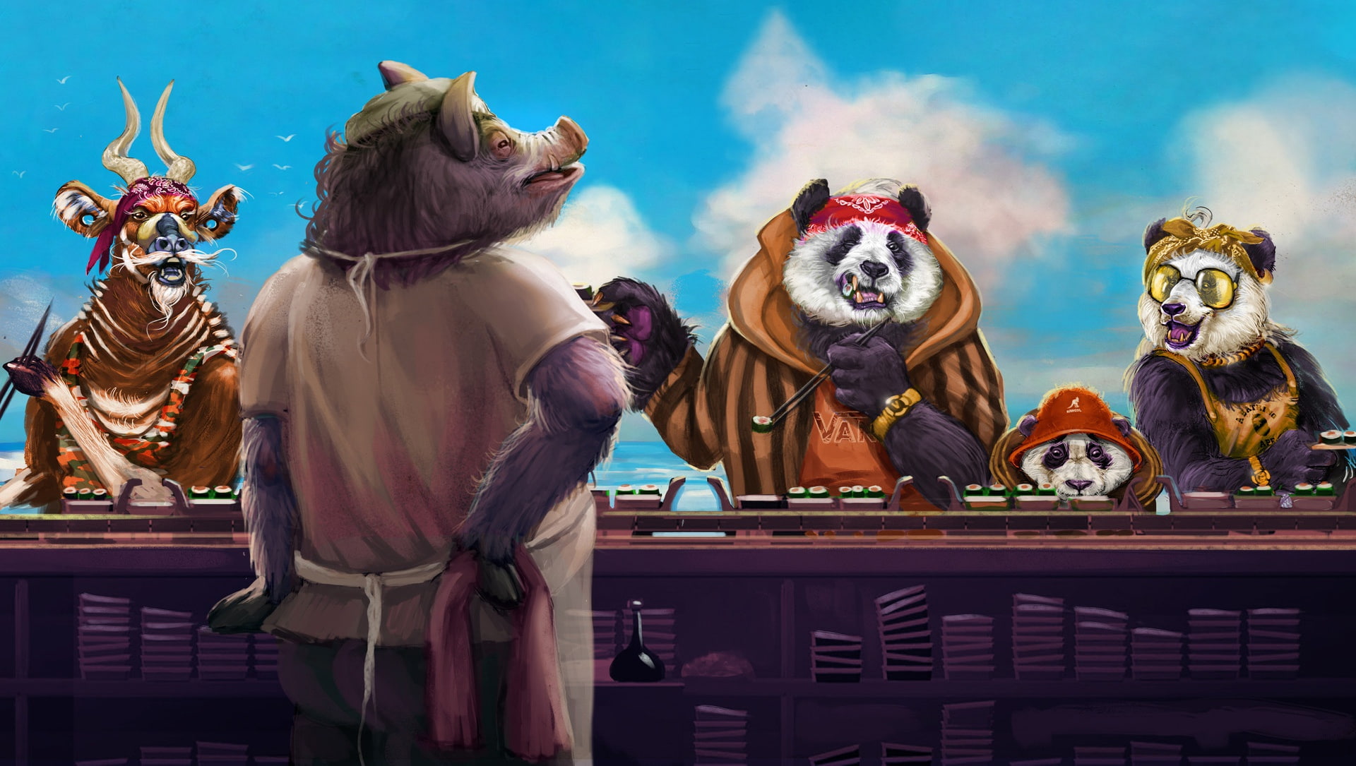 by Kaloyan Stoyanov, Sushi, Animals, Panda, 1080P, Style, Eat son! Nooo i want my reed....., Kaloyan Stoyanov, Boar, Fantasy, Figure, Goat, Art, Food, HD Wallpaper