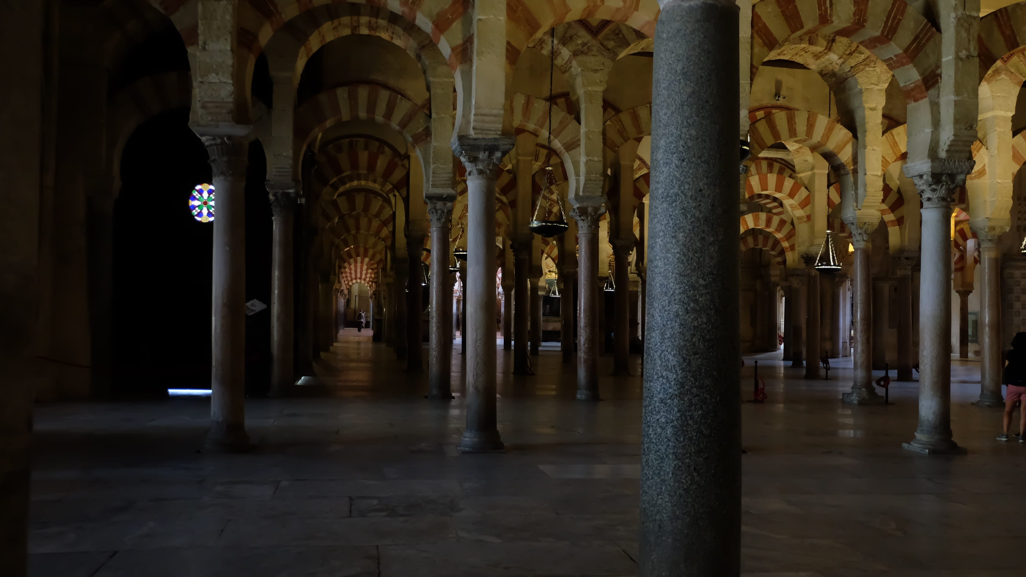 tiled floor, mezquita-catedral of córdoba, illuminated, corridor, architecture, indoors, history, in a row, arcade, flooring, place of worship, the past, HD Wallpaper
