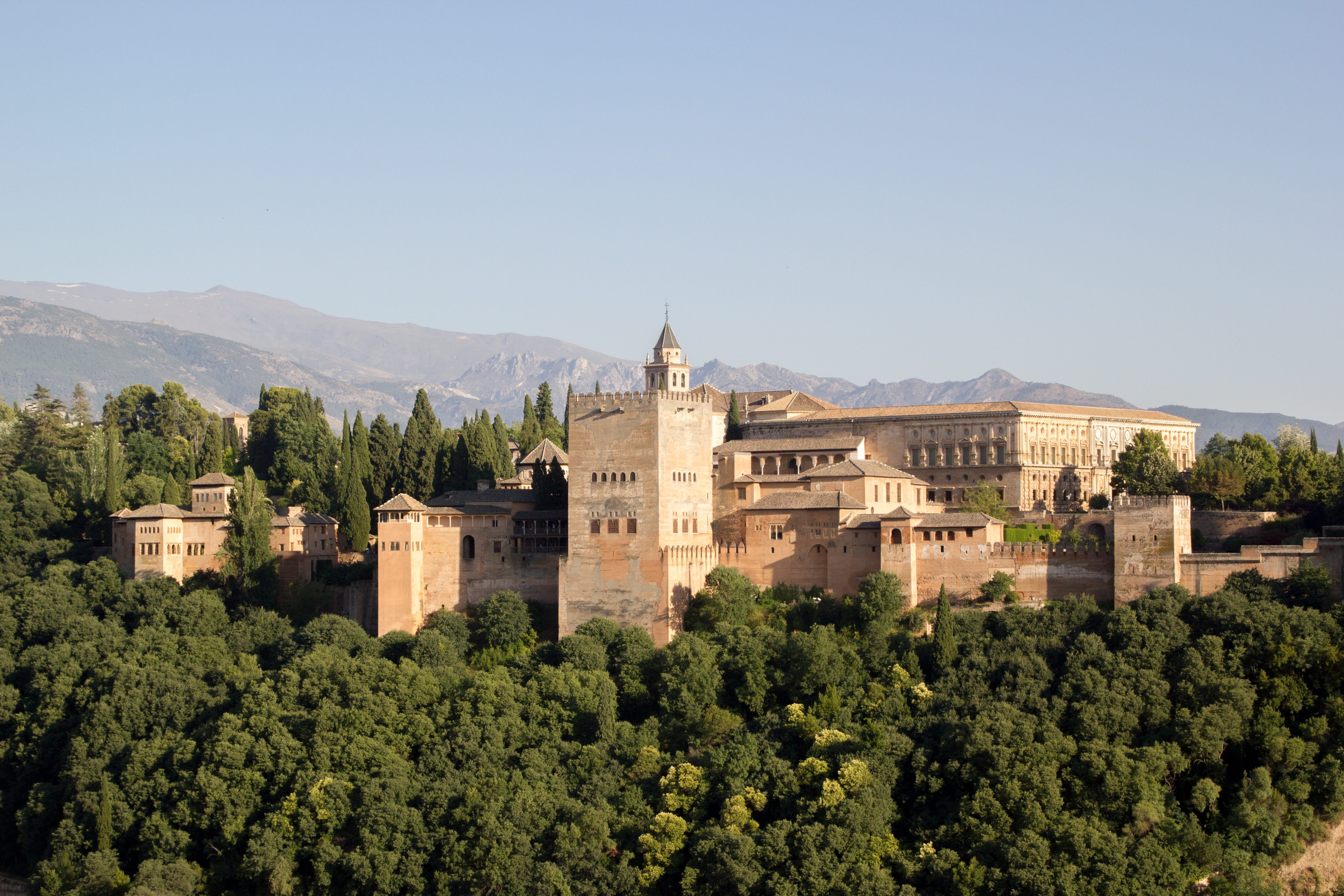 copy space, arabic, alhambra, building, urban, green color, mountain, 5K, moorish, landscape, building exterior, day, clear sky, growth, built structure, HD Wallpaper