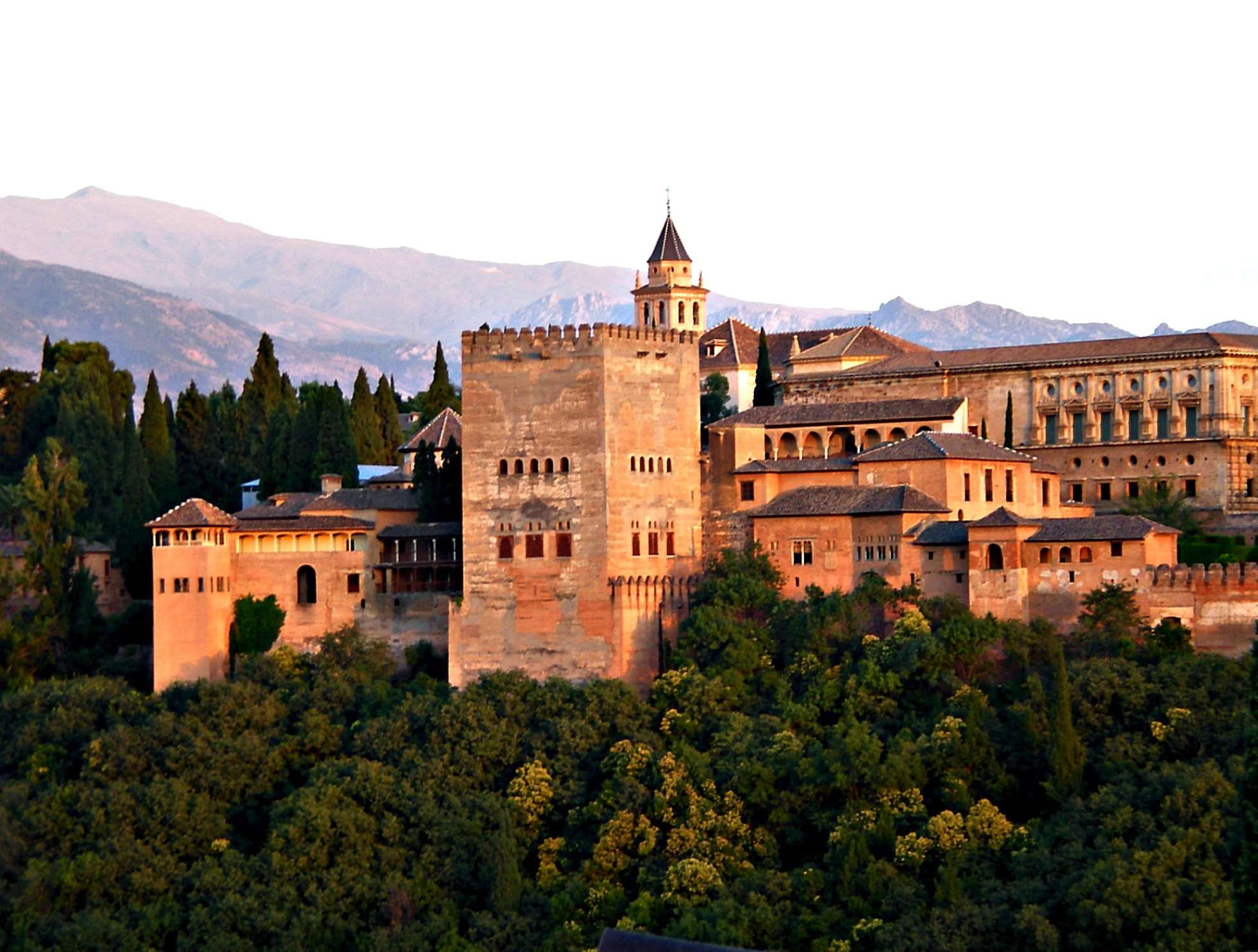 sky, tree, old, building exterior, arabic, the past, fortress, andalusia, mountain, city, outdoors, evening, europe, no people, building, monument, travel destinations, HD Wallpaper