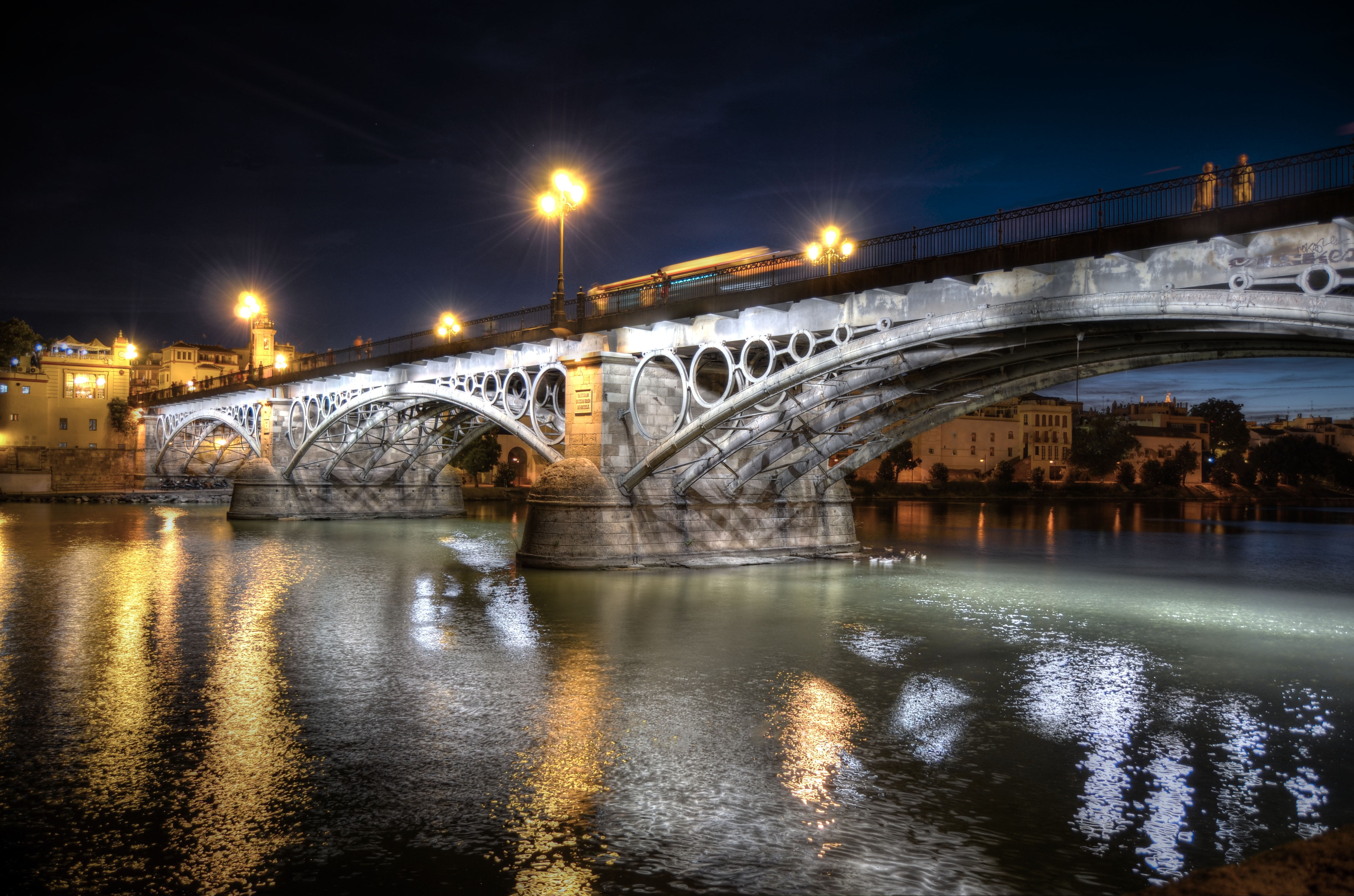travel destinations, waterfront, reflection, connection, triana, river, arch bridge, light, steel, bridge, europe, across, nature, architecture, spain, HD Wallpaper