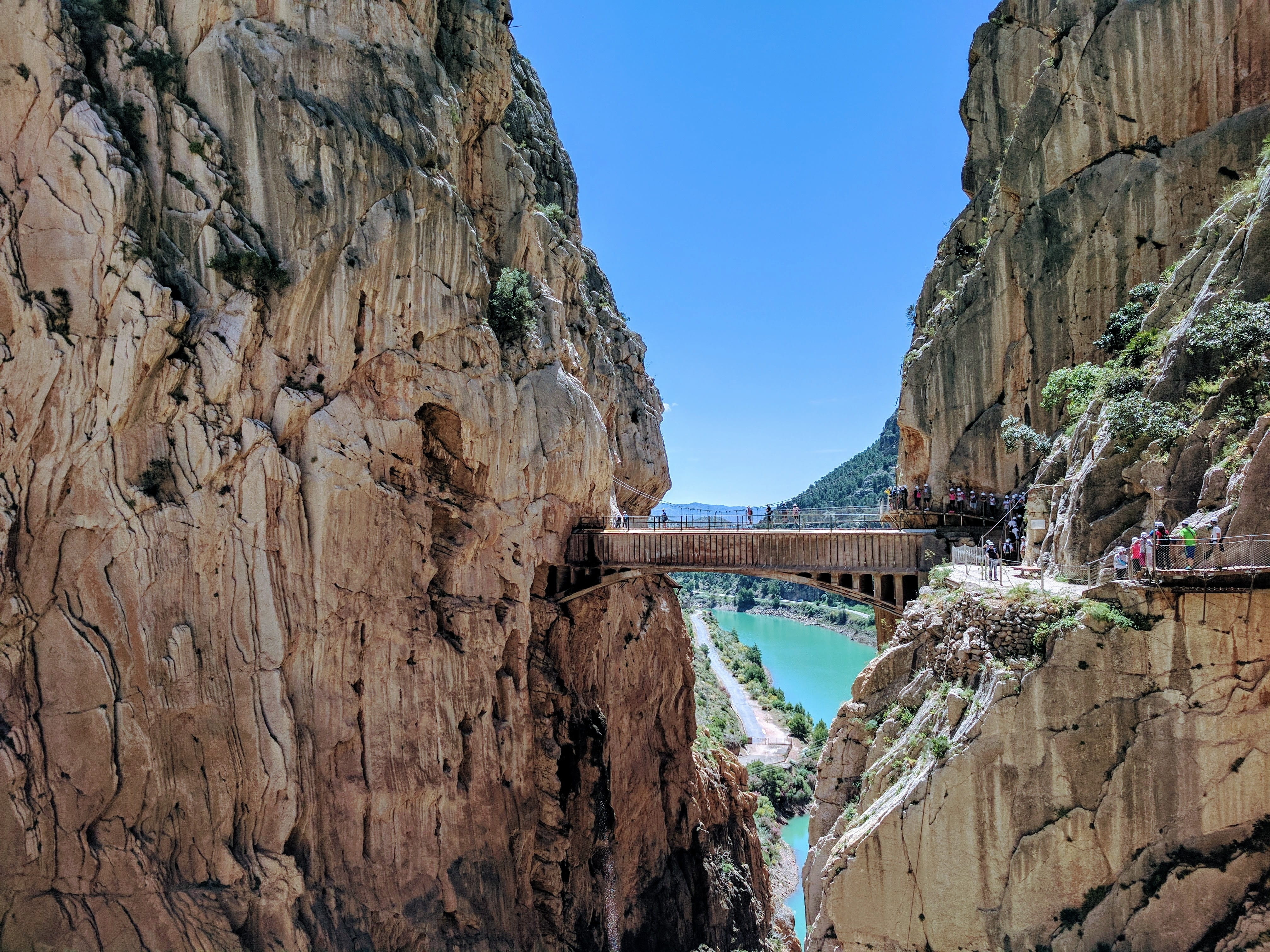 suspension bridge, sky, day, architecture, rock - object, nature, caminito del rey, rock formation, clear sky, water, andalusia, rock, solid, 4K, no people, HD Wallpaper