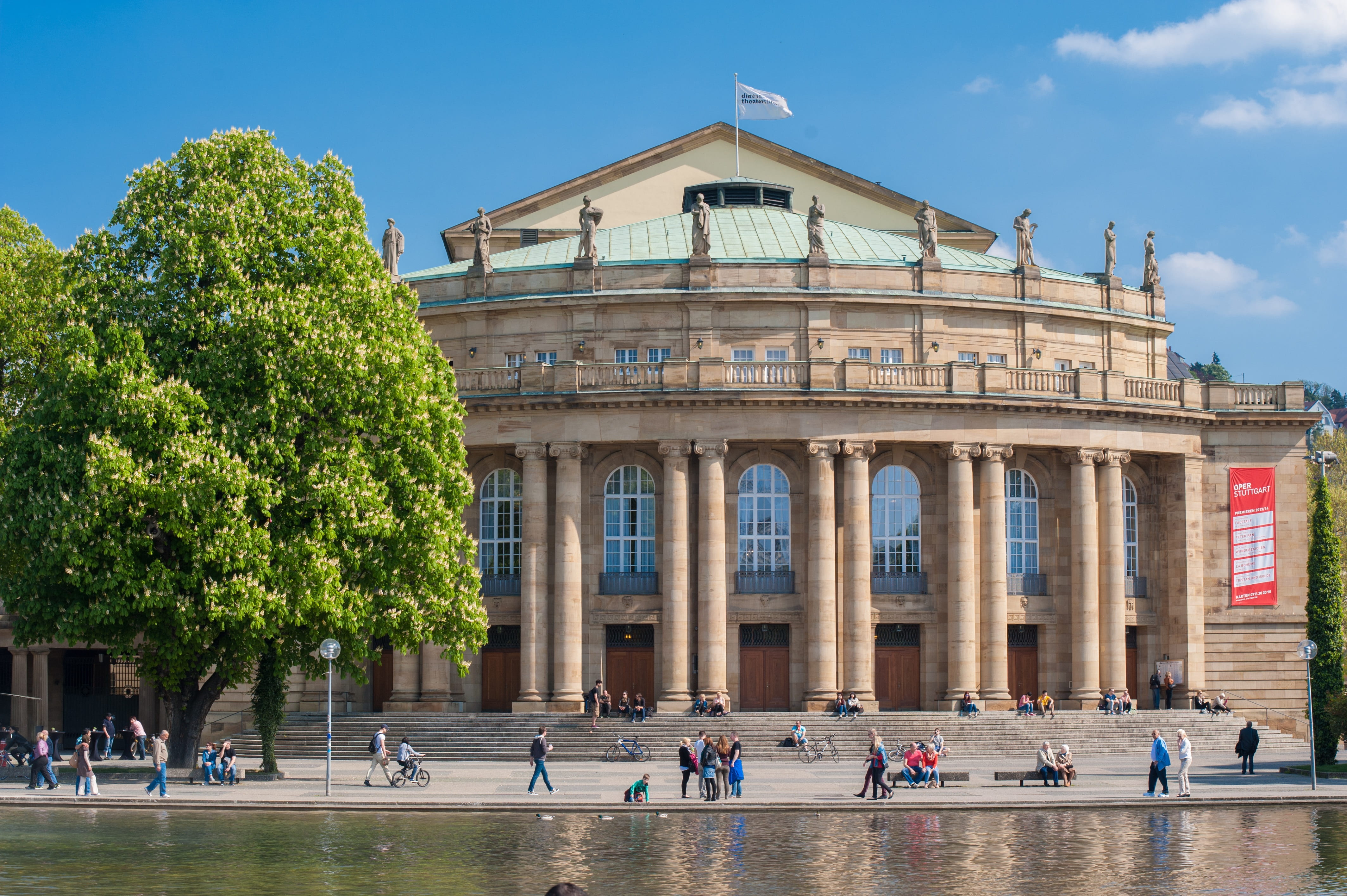 built structure, brown, theater, stuttgart, travel destinations, group of people, building exterior, water, crowd, government, park, nature, real people, HD Wallpaper
