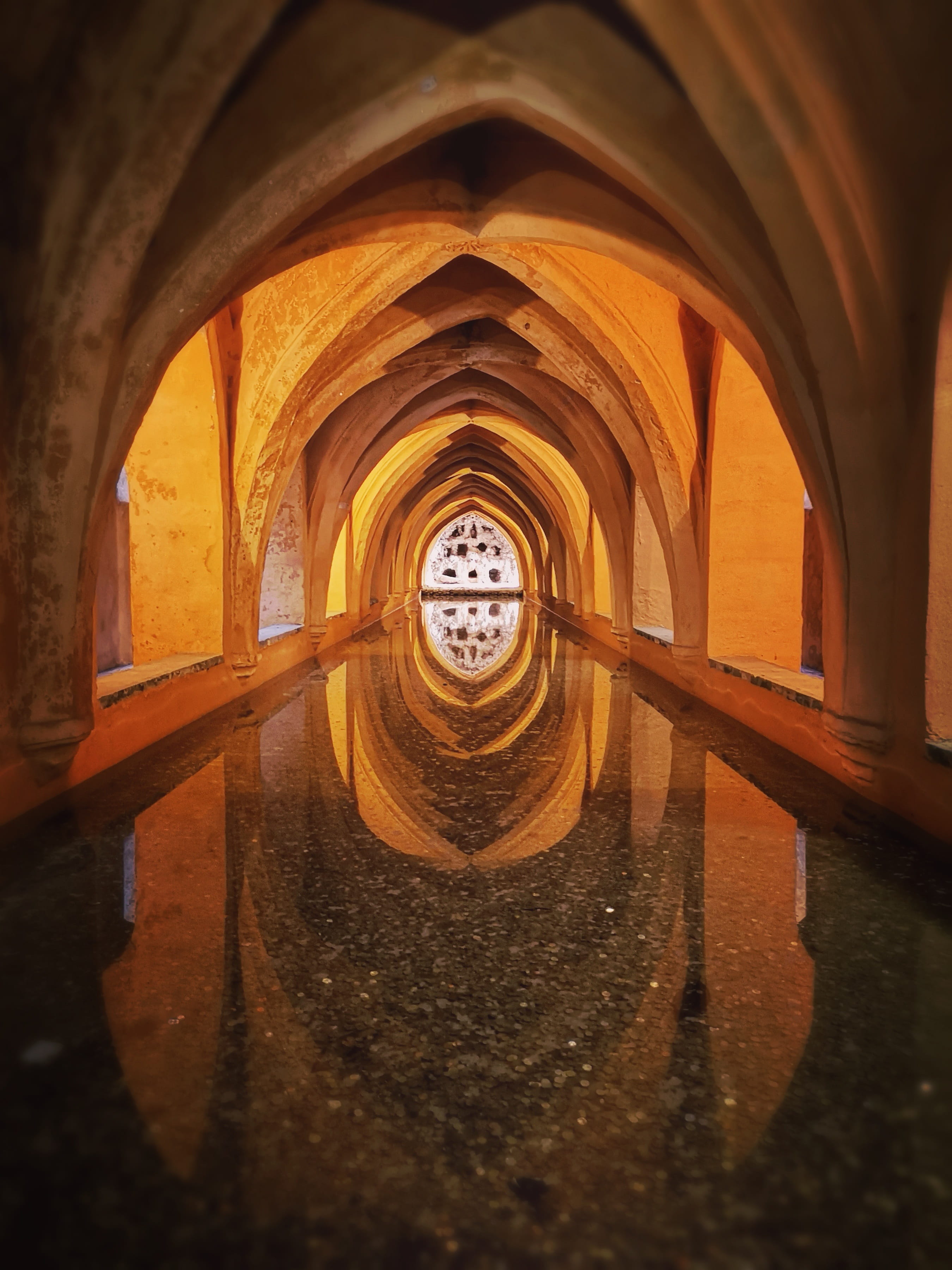 orange color, 2K, waterfront, building, indoors, geometric shape, seville, day, tanks, architectural column, reflection, arch, nature, built structure, Phone HD Wallpaper