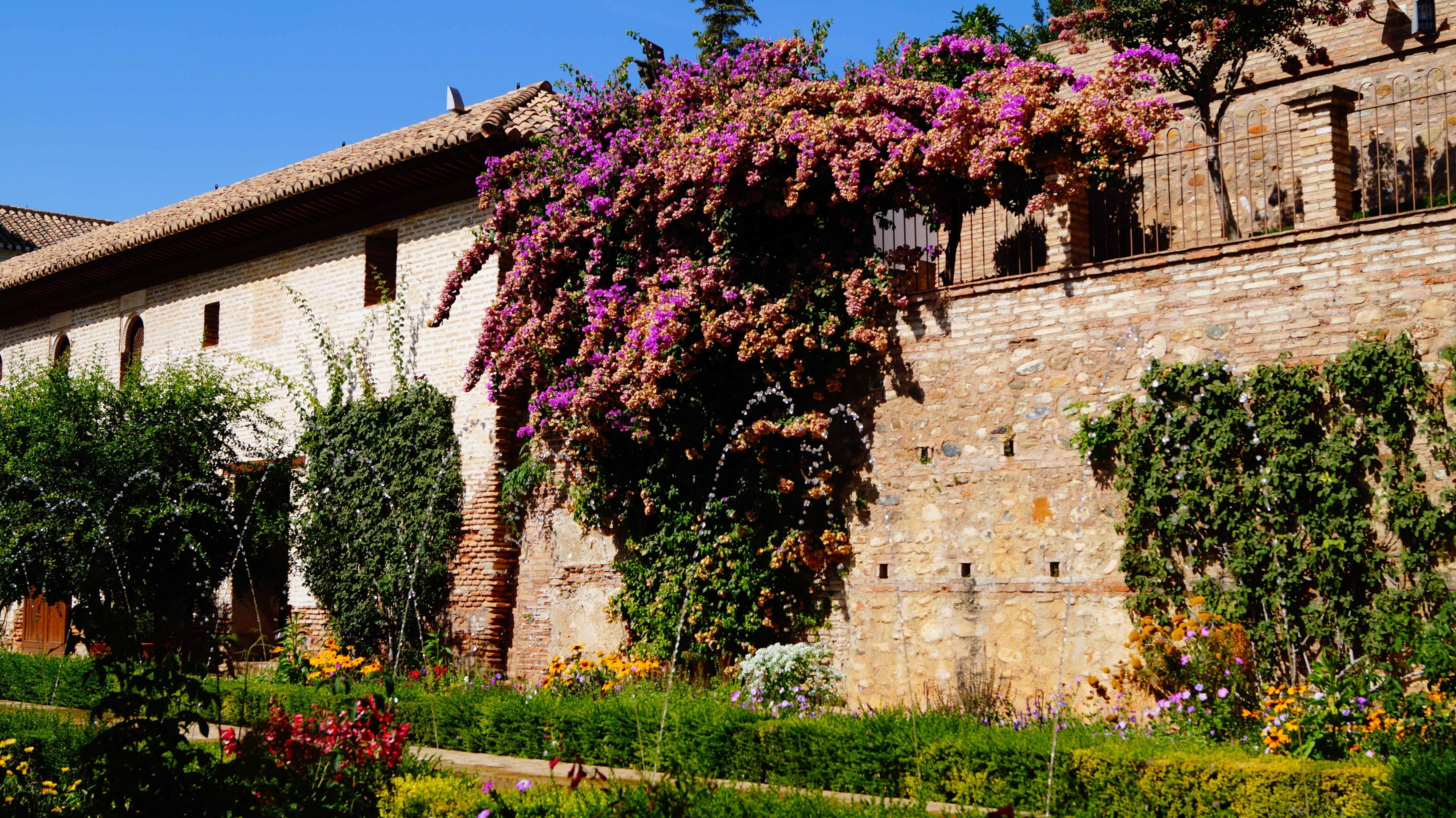 building exterior, the generalife-the garden, built structure, day, flowers, sunny day, nature, tree, springtime, wall, low angle view, flower, sky, showplace, HD Wallpaper
