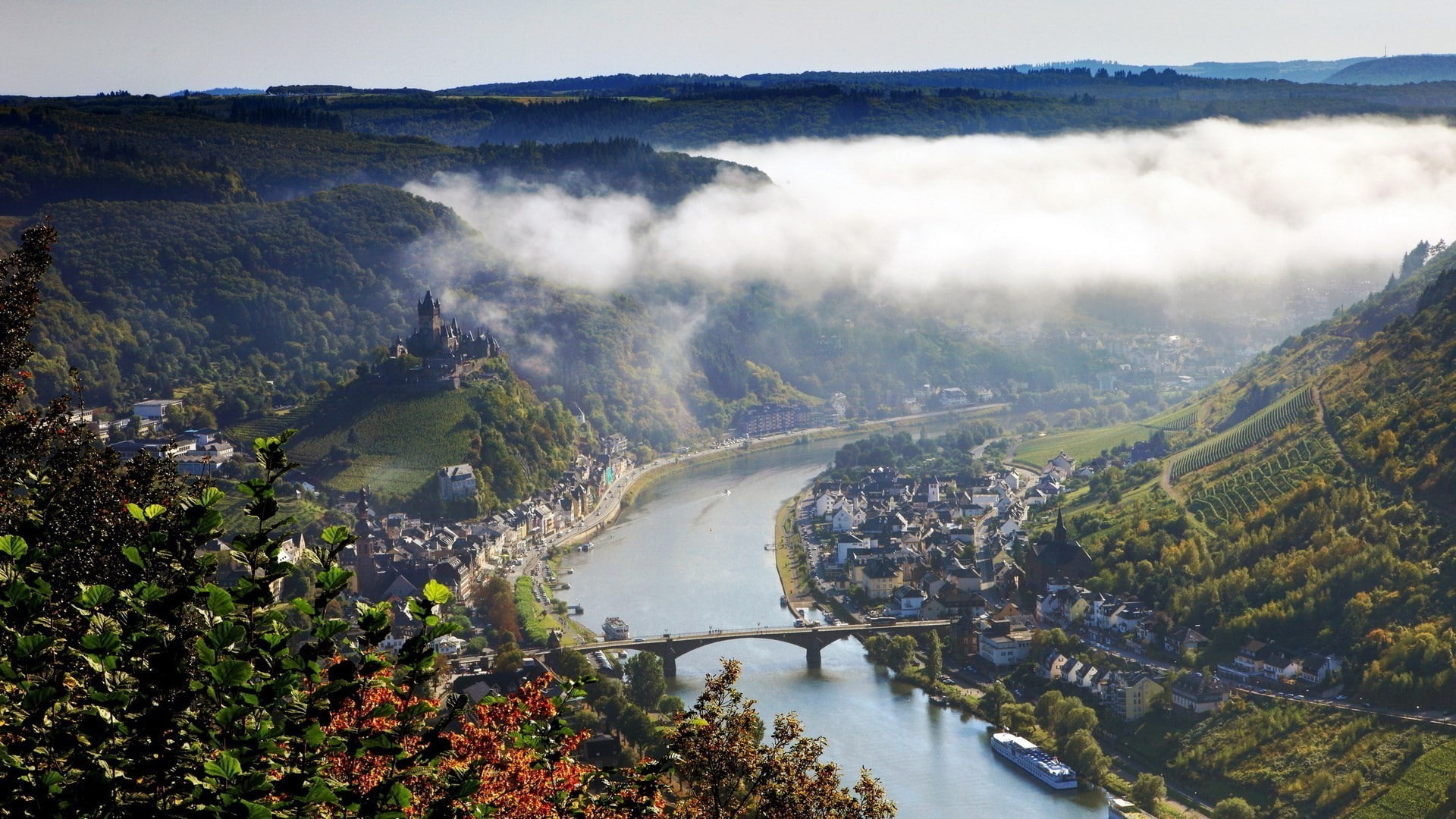 forest, castle, river, leaves, nature, mist, church, Hill, 1080P, landscape, Germany, mountain, town, Klotten, architecture, bridge, ship, Vineyard, Birds Eye View, HD Wallpaper